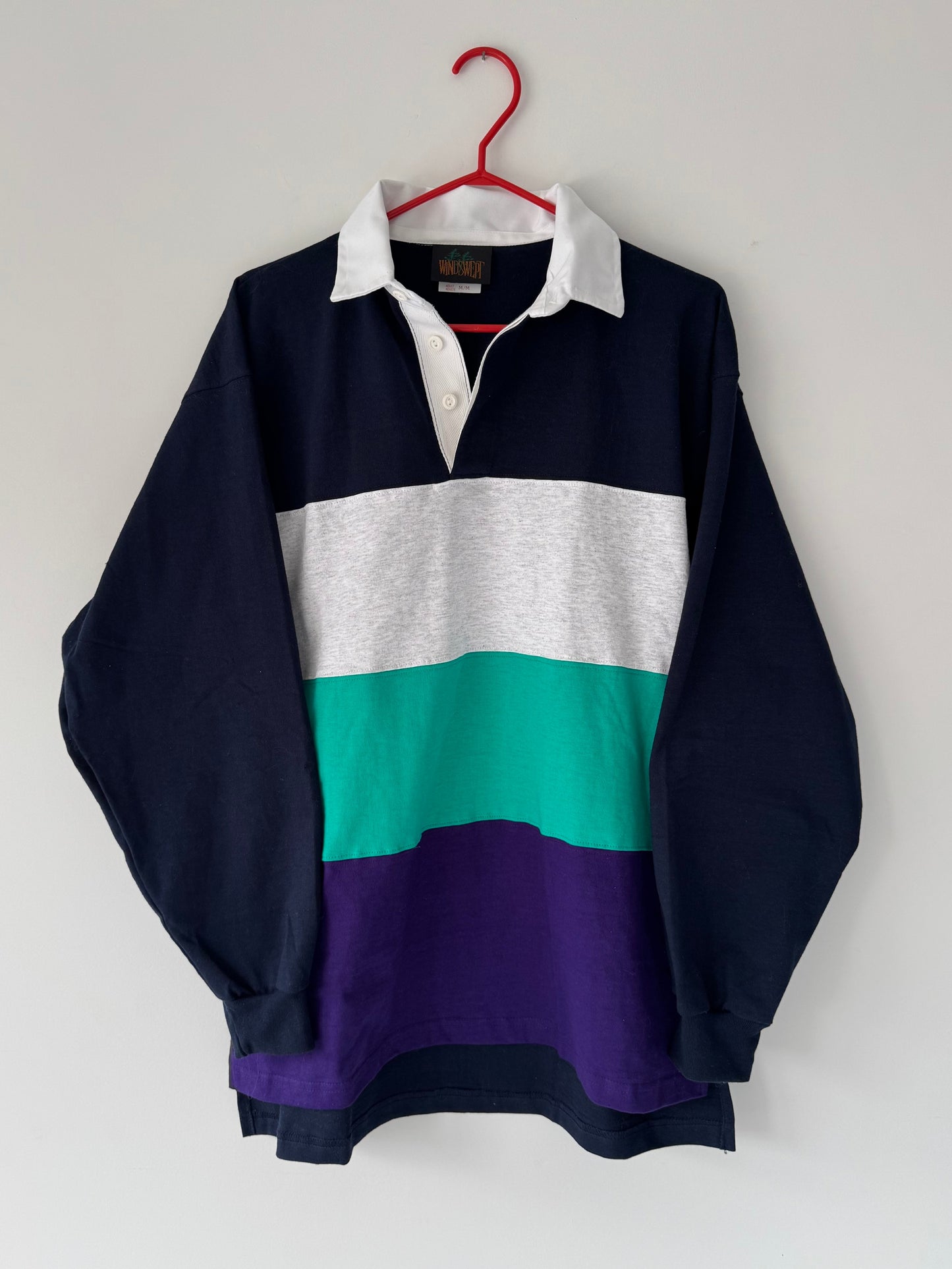 90s vintage striped multicolor colorblock long sleeved rugby shirt – medium | unisex mens cotton casual rowing preppy varsity collared polo