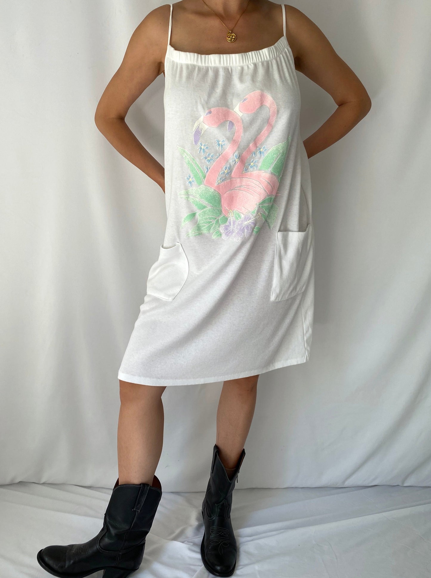 80s vintage white pastel flamingo sleeveless beach cover up dress