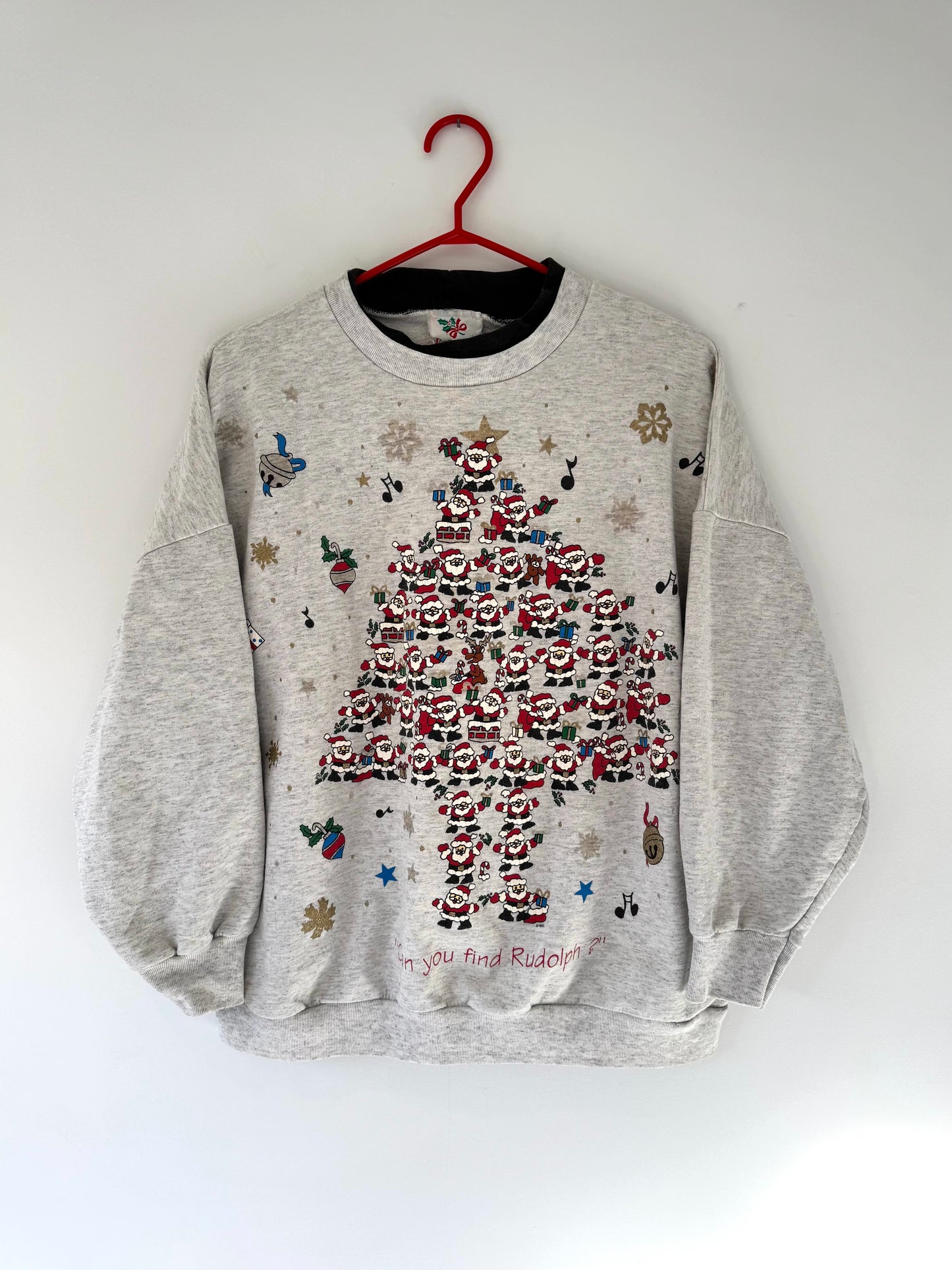 90s vintage grey christmas tree santa scene graphic pullover sweater
