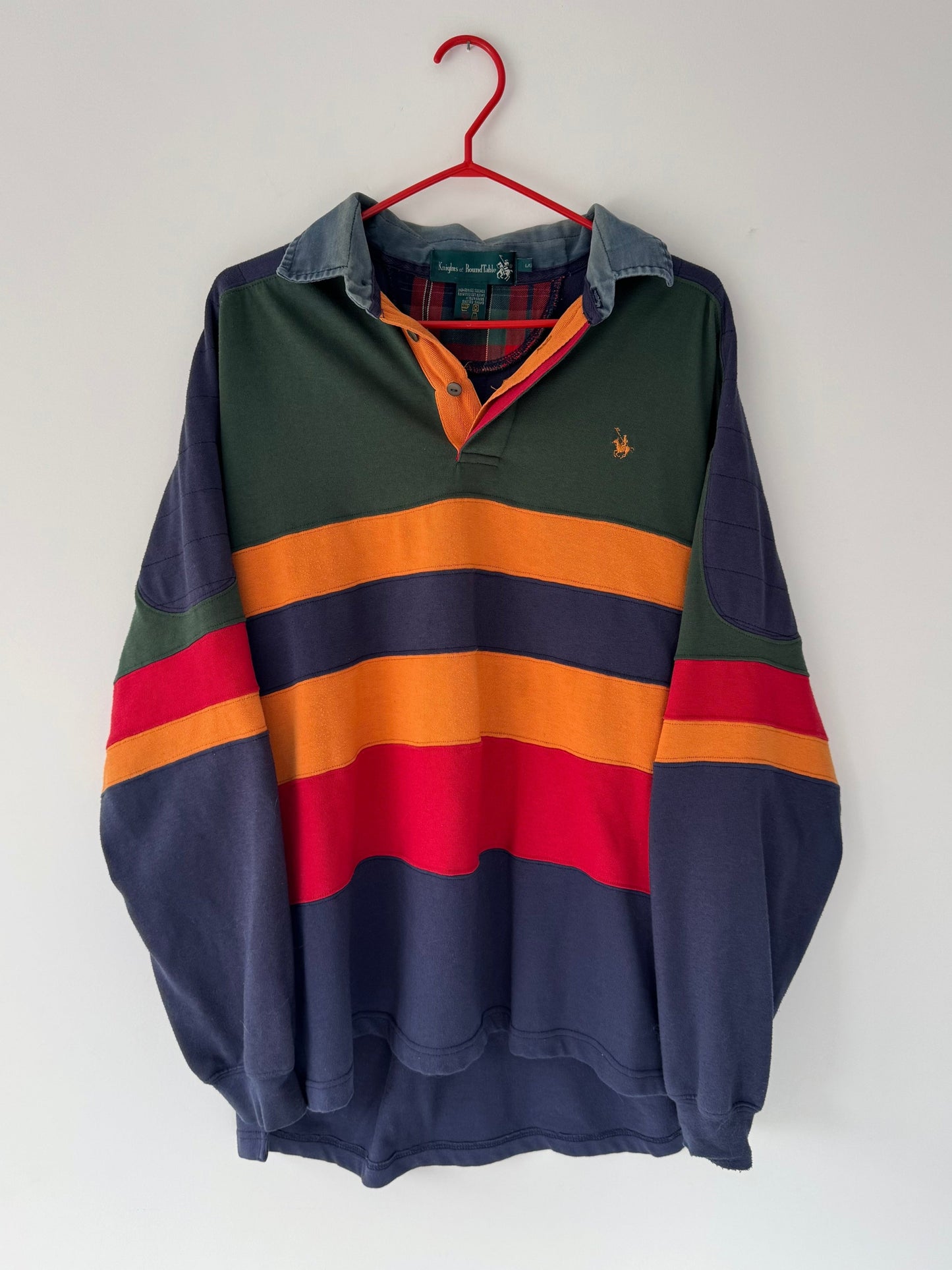 90s vintage striped multicolor colorblock long sleeved rugby shirt – medium | unisex mens cotton denim casual rowing varsity collared polo