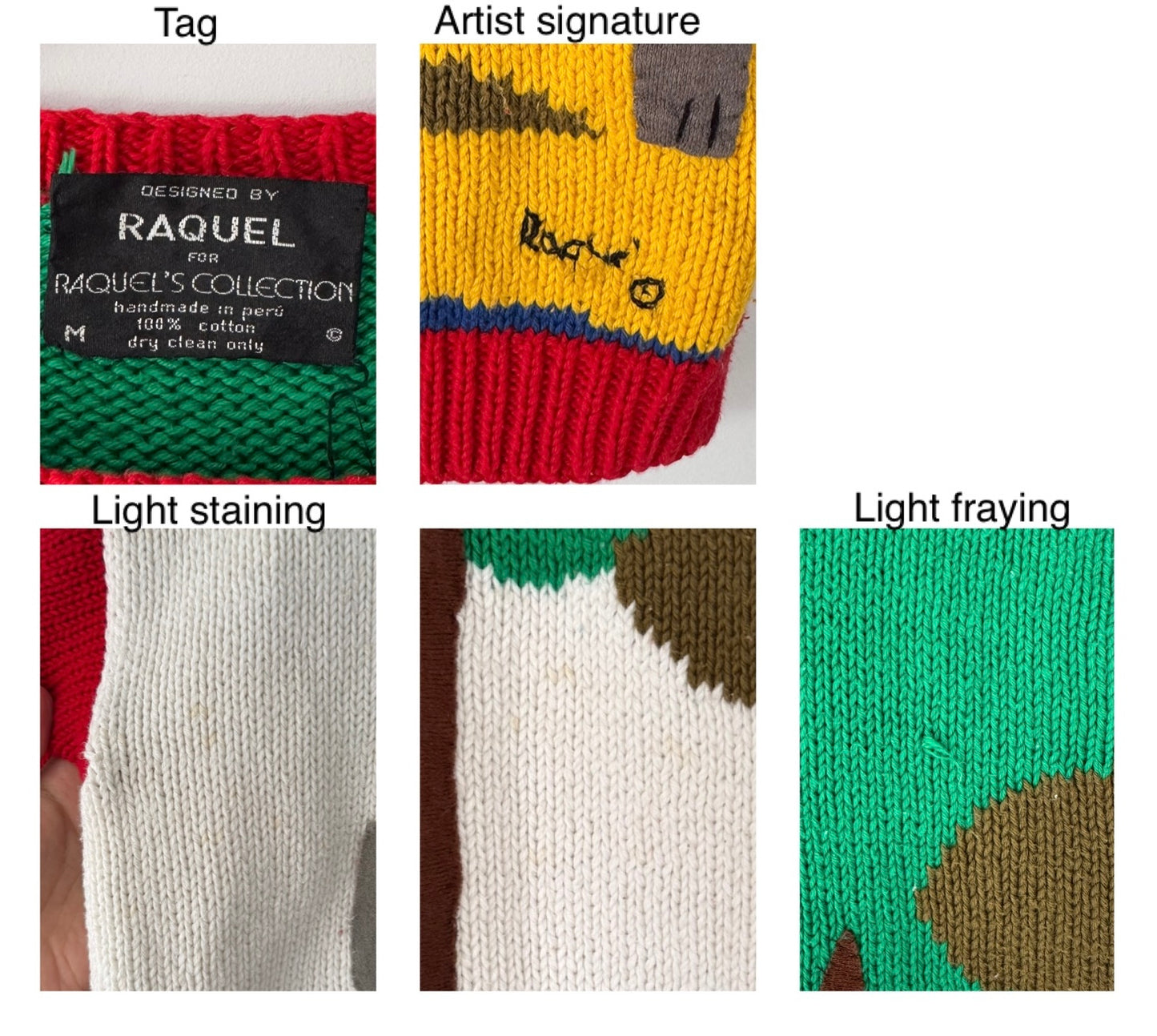90s vintage multicolor textured 3D jungle animals embroidered hand knit sweater – medium | unique funky safari novelty jumper