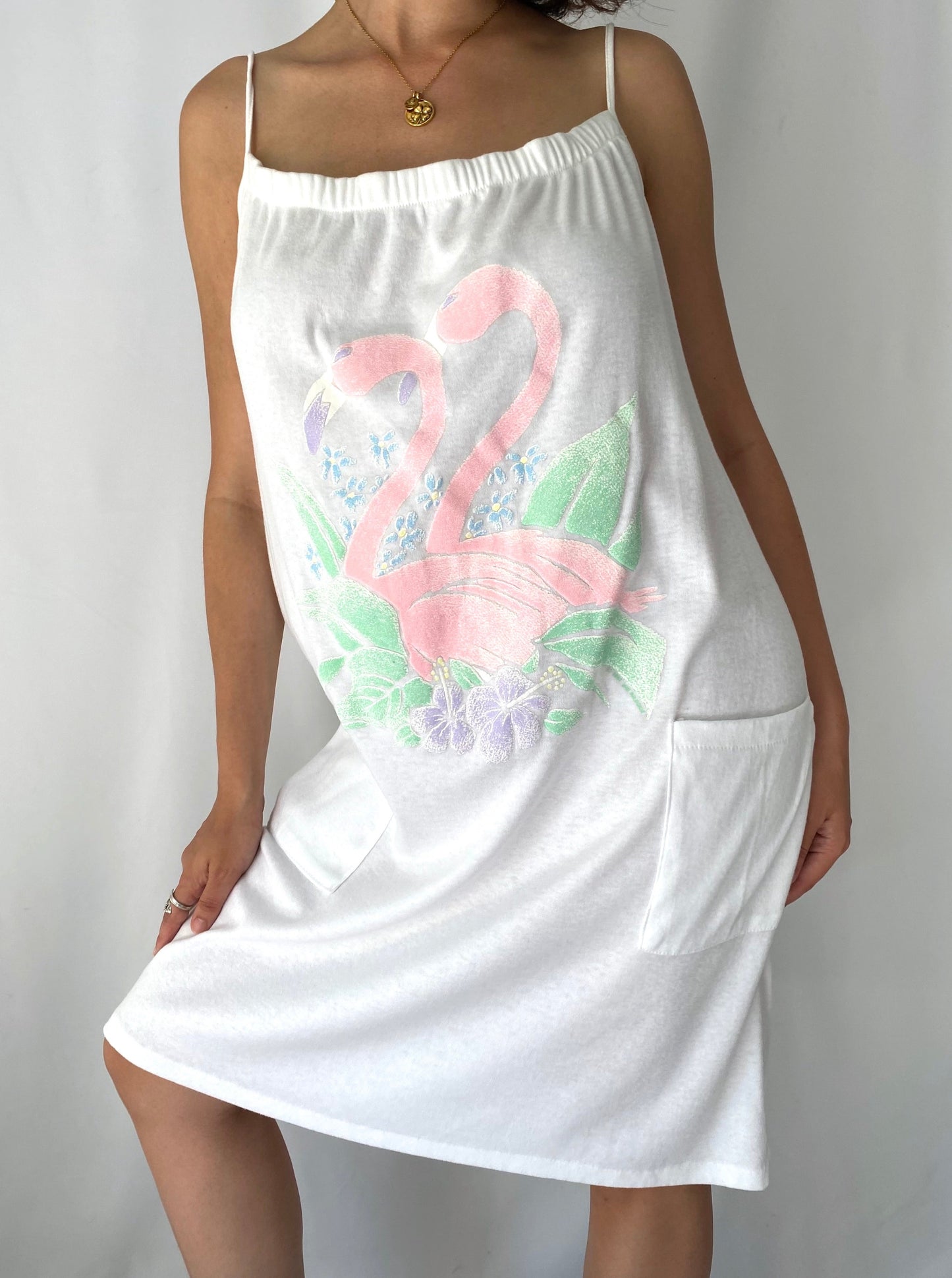 80s vintage white pastel flamingo sleeveless beach cover up dress