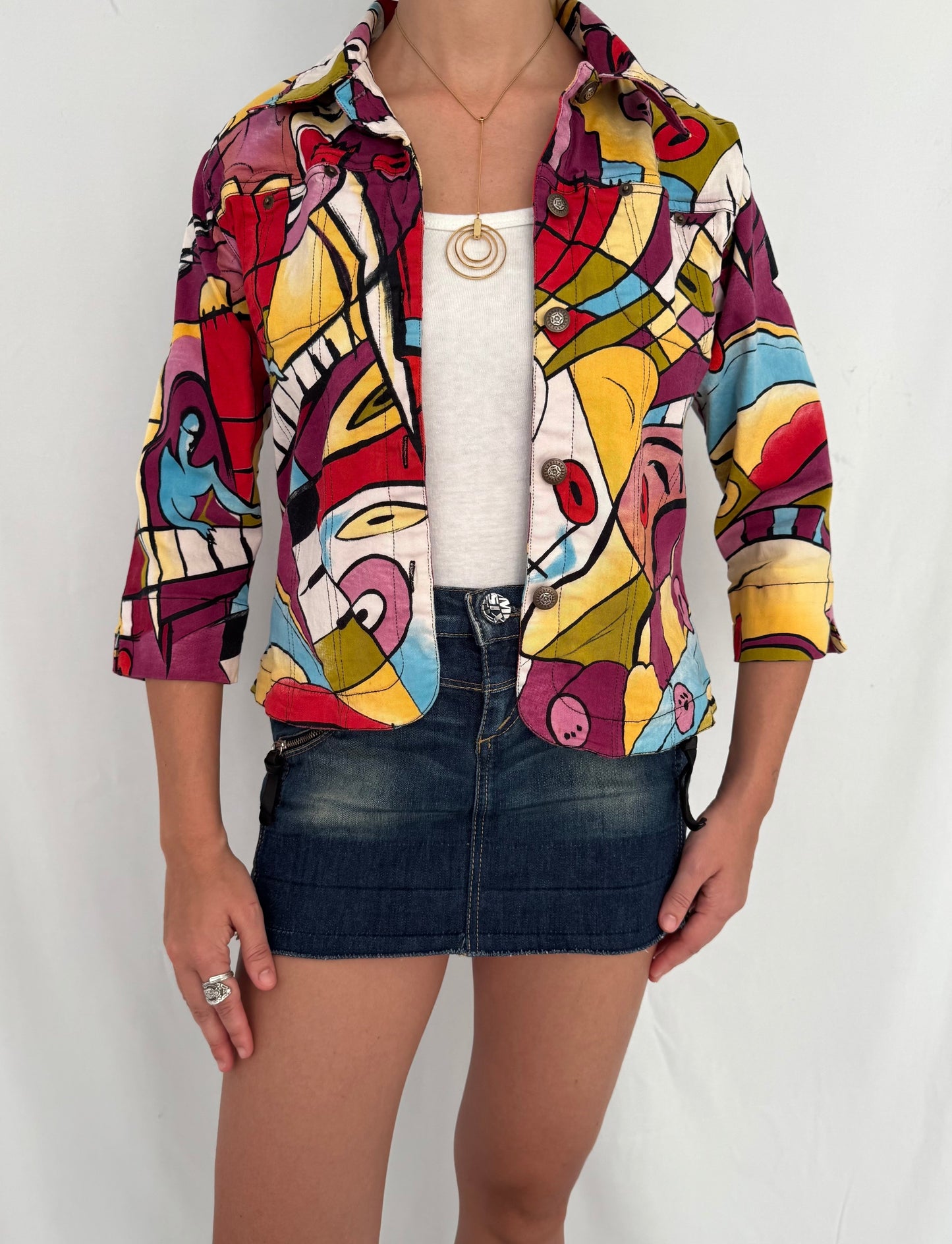 90s vintage multicolor surrealist abstract print graphic cropped button up jacket | colorful art to wear light cotton blazer