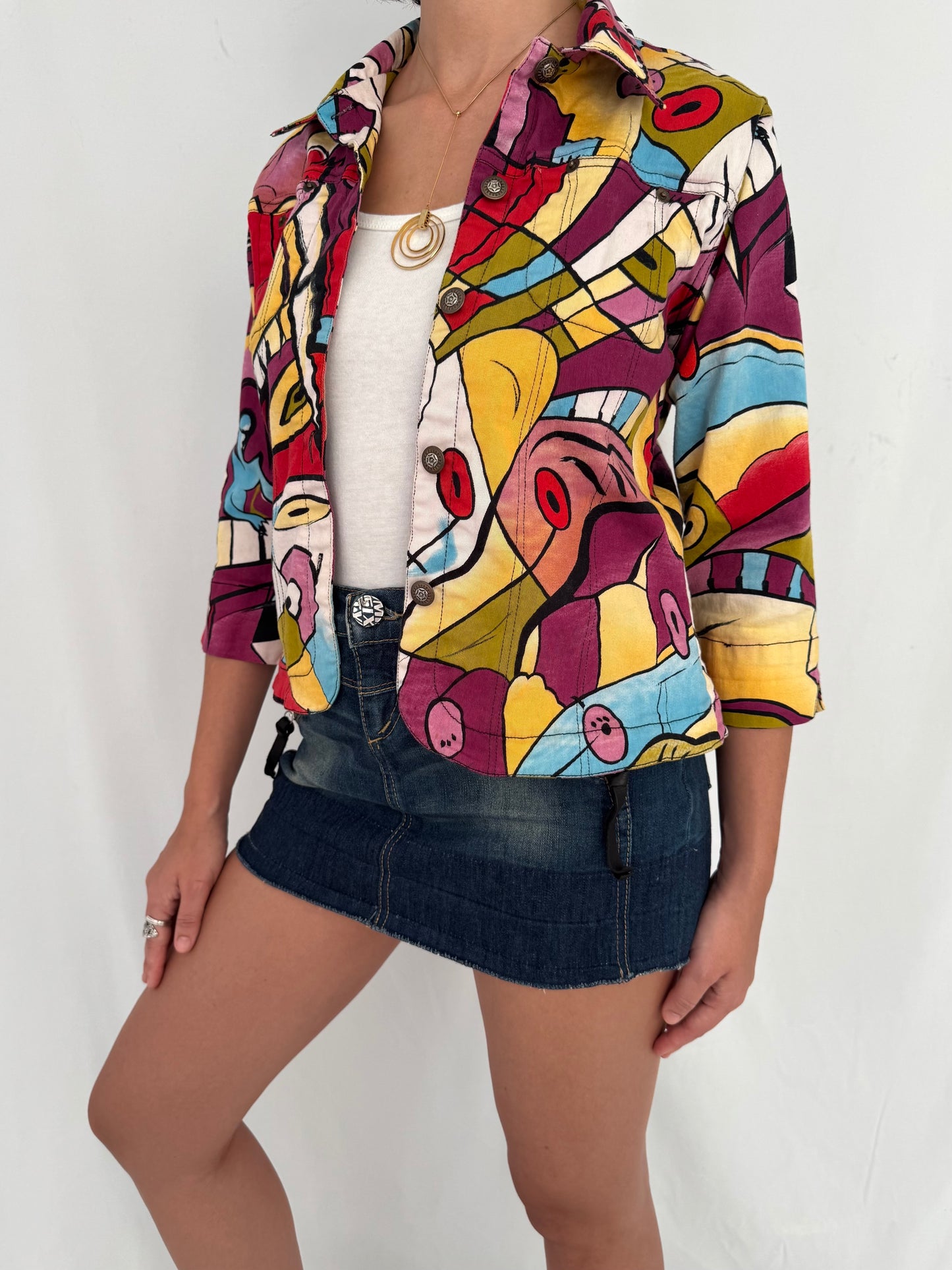90s vintage multicolor surrealist abstract print graphic cropped button up jacket | colorful art to wear light cotton blazer