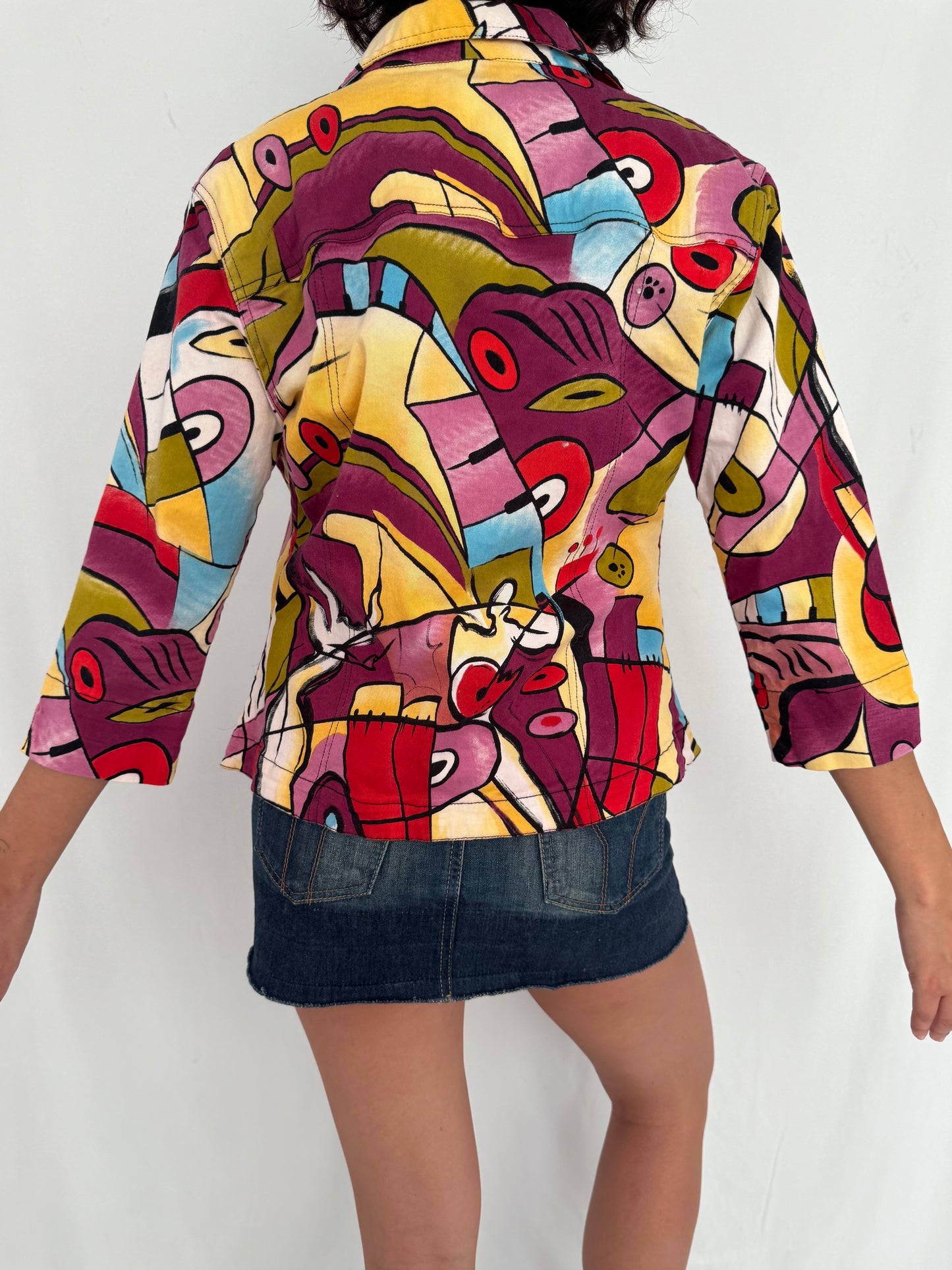 90s vintage multicolor surrealist abstract print graphic cropped button up jacket | colorful art to wear light cotton blazer