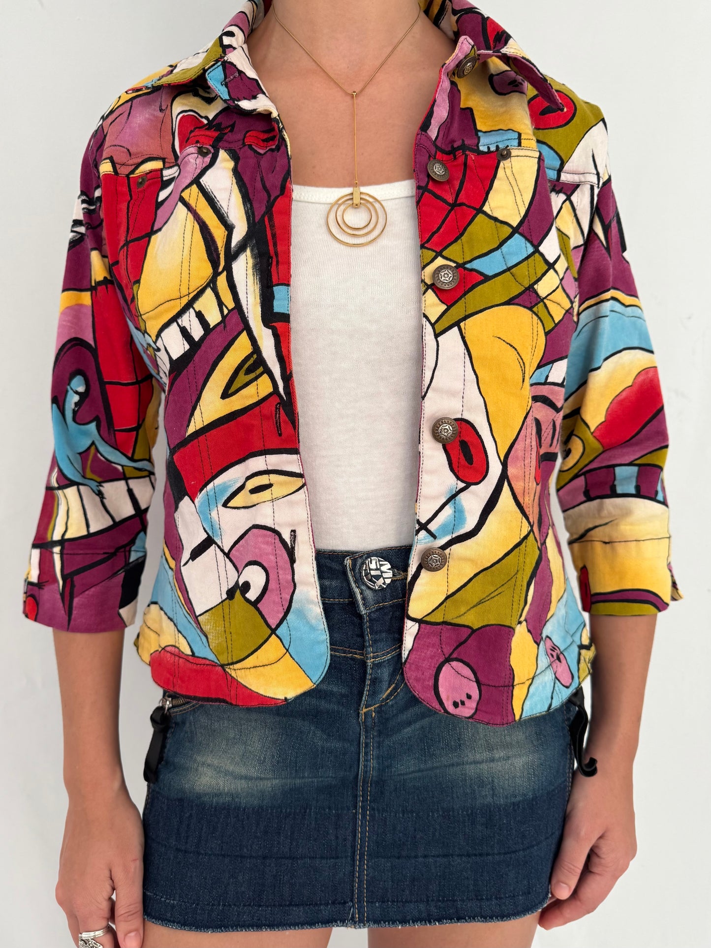 90s vintage multicolor surrealist abstract print graphic cropped button up jacket | colorful art to wear light cotton blazer