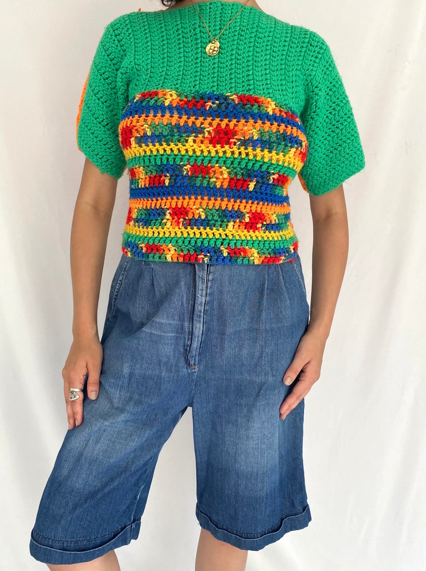 vintage hand knit green orange double sided short sleeved sweater – small | handmade bright crochet granny unique tee shirt