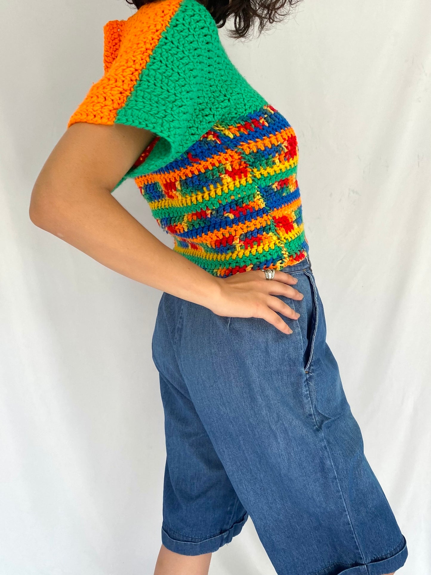 vintage hand knit green orange double sided short sleeved sweater – small | handmade bright crochet granny unique tee shirt