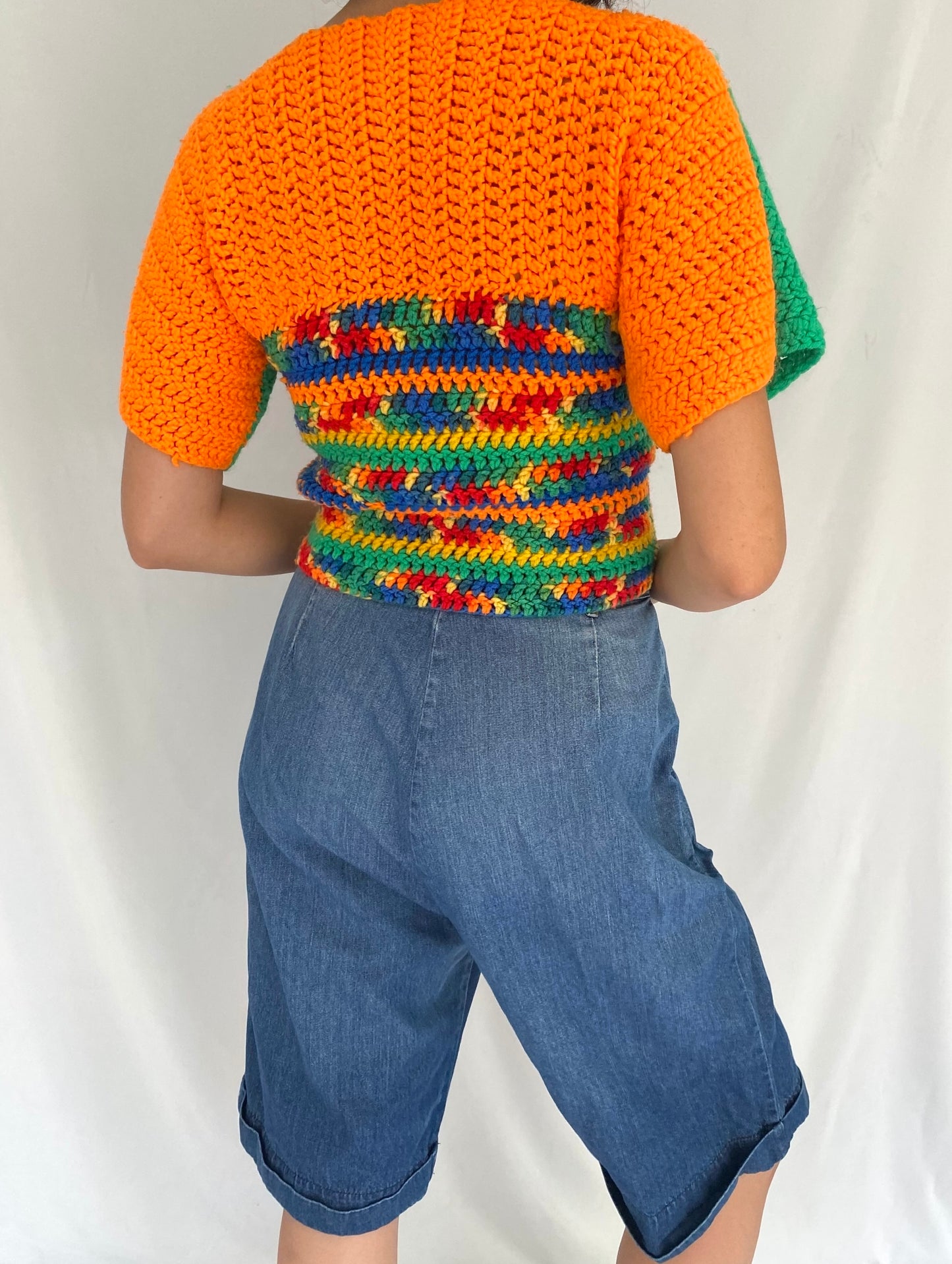 vintage hand knit green orange double sided short sleeved sweater – small | handmade bright crochet granny unique tee shirt