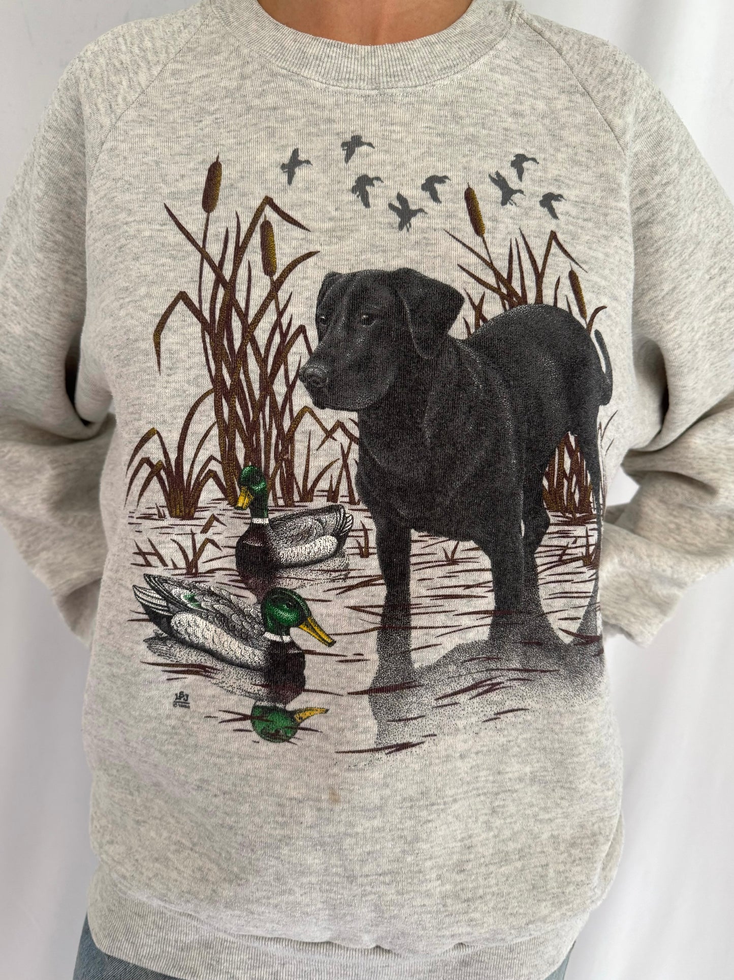 80s vintage grey animal black lab graphic pullover sweatshirt – large | unisex dog mallard duck long sleeved sweater