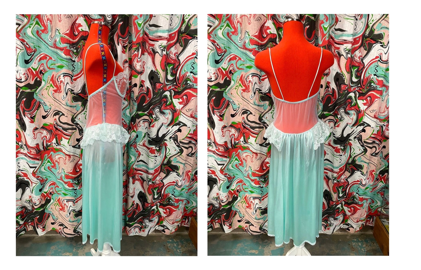 80s vintage aqua mint lace lingerie nightgown dress - medium | rare flowy sheer camisole slip gown