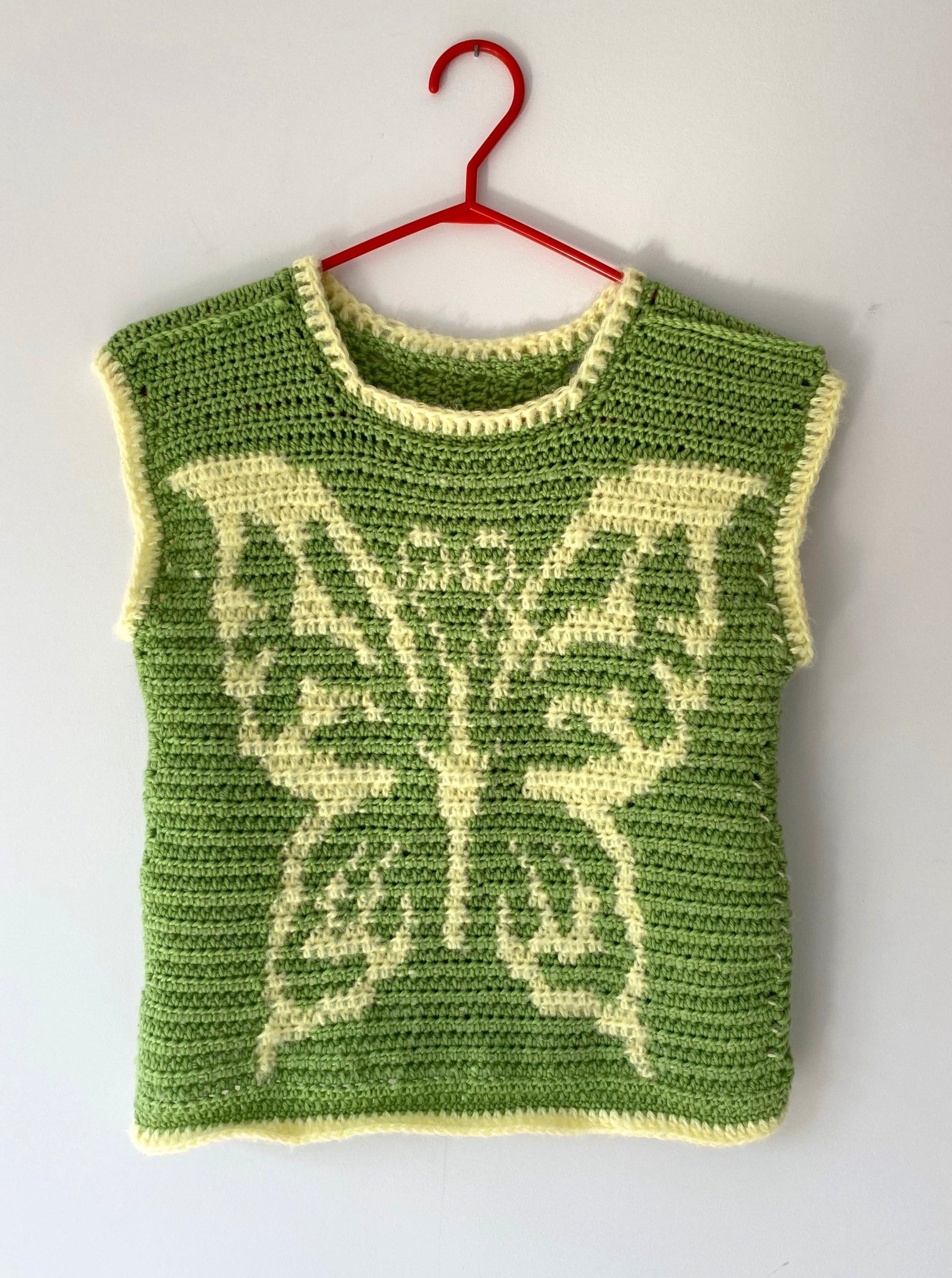 vintage hand knit green butterfly cropped sweater tank top