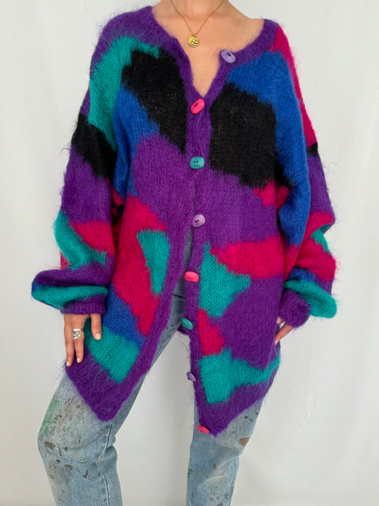 80s vintage multicolor mohair wool hand knit cardigan sweater