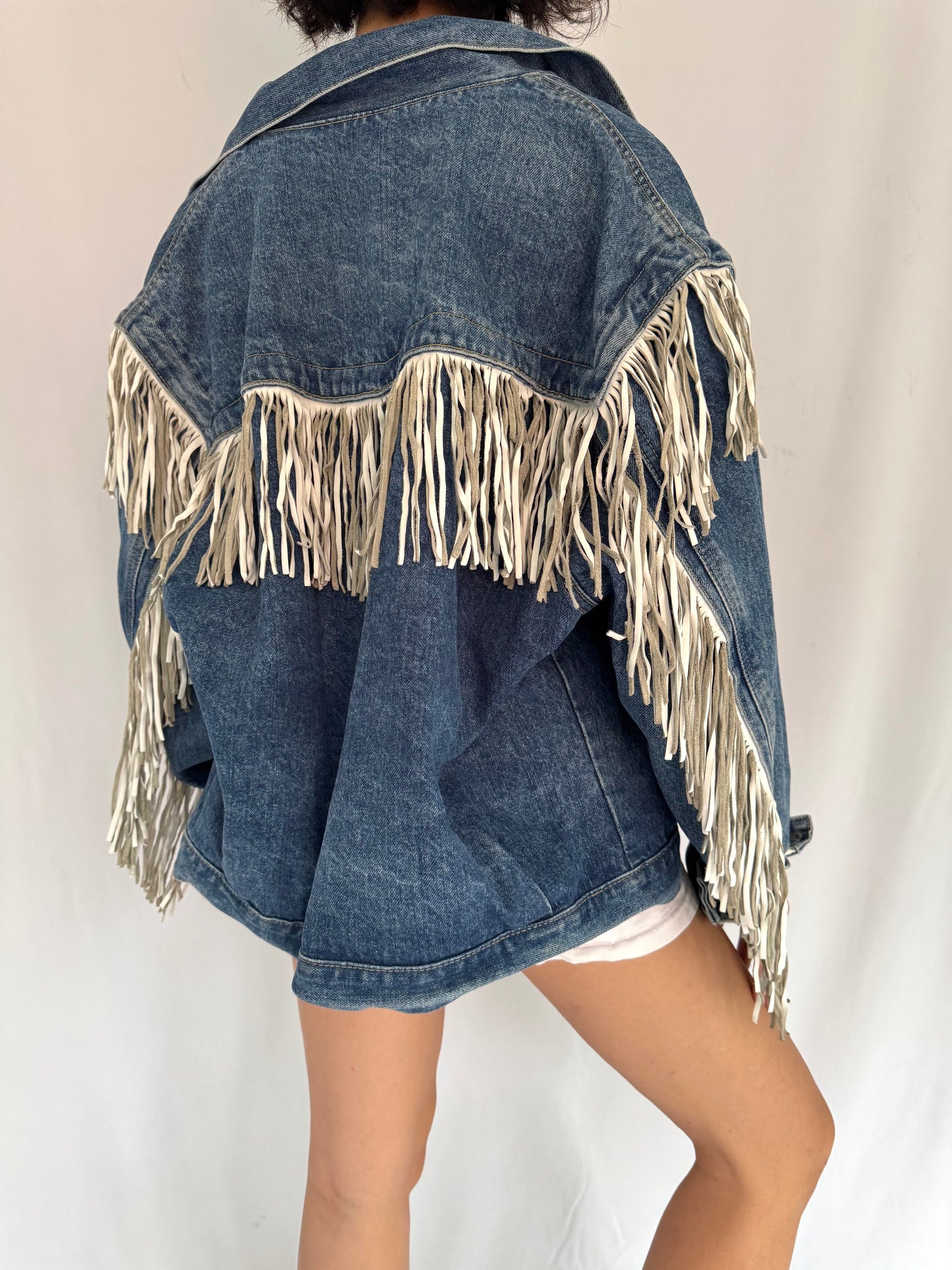 80s vintage blue denim leather fringed jean jacket