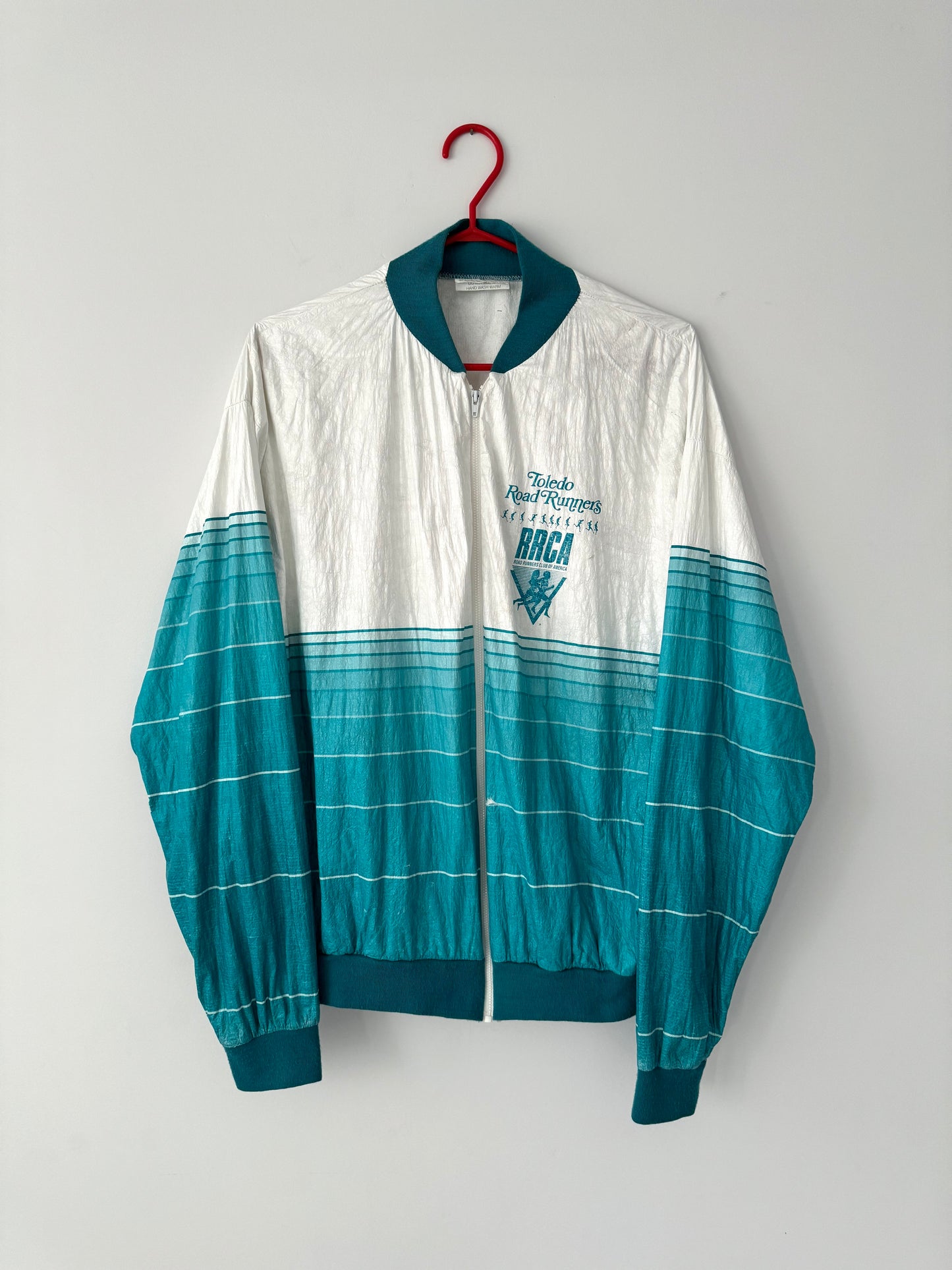 90s vintage turquoise unisex light windbreaker jacket – large | mens toledo road runners retro cycling jacket
