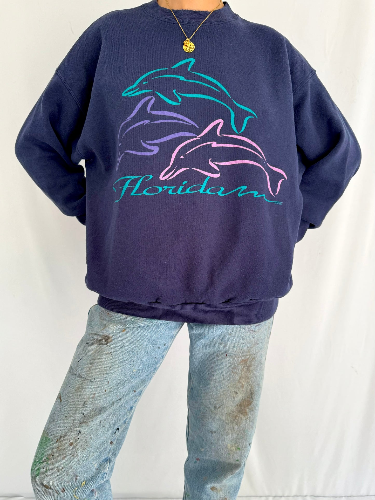90s vintage blue dolphins florida usa graphic pullover sweatshirt – medium large | unisex nature souvenir crewneck sweater