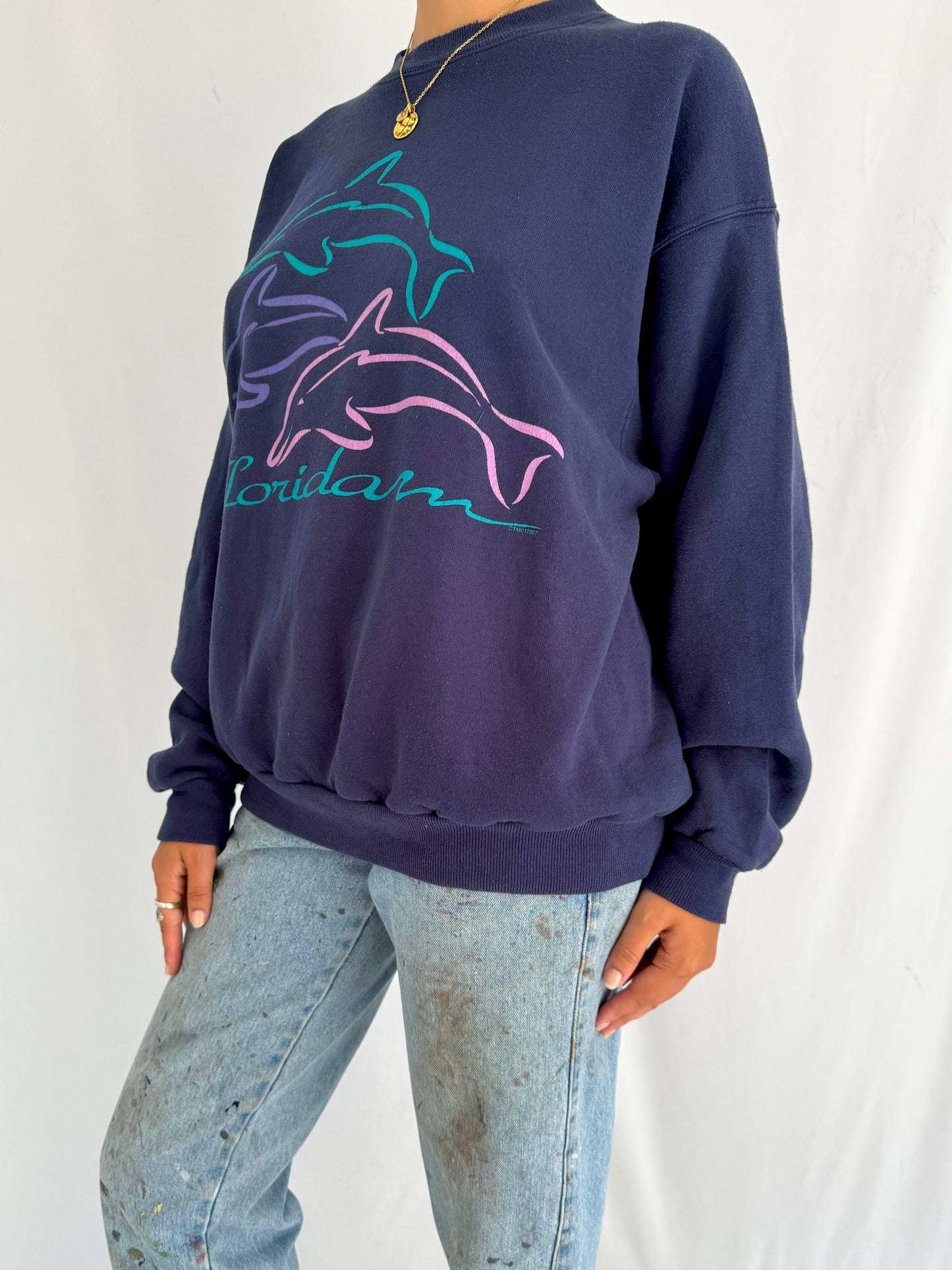 90s vintage blue dolphins florida usa graphic pullover sweatshirt – medium large | unisex nature souvenir crewneck sweater