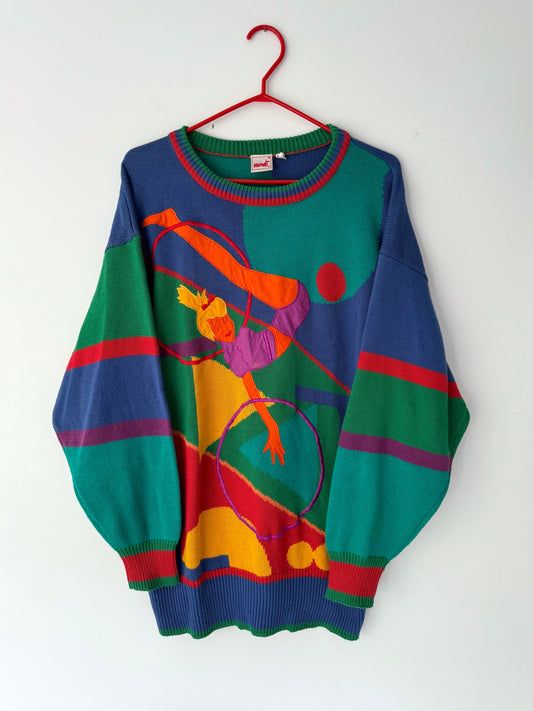 80s vintage multicolor novelty gymnast print knit sweater