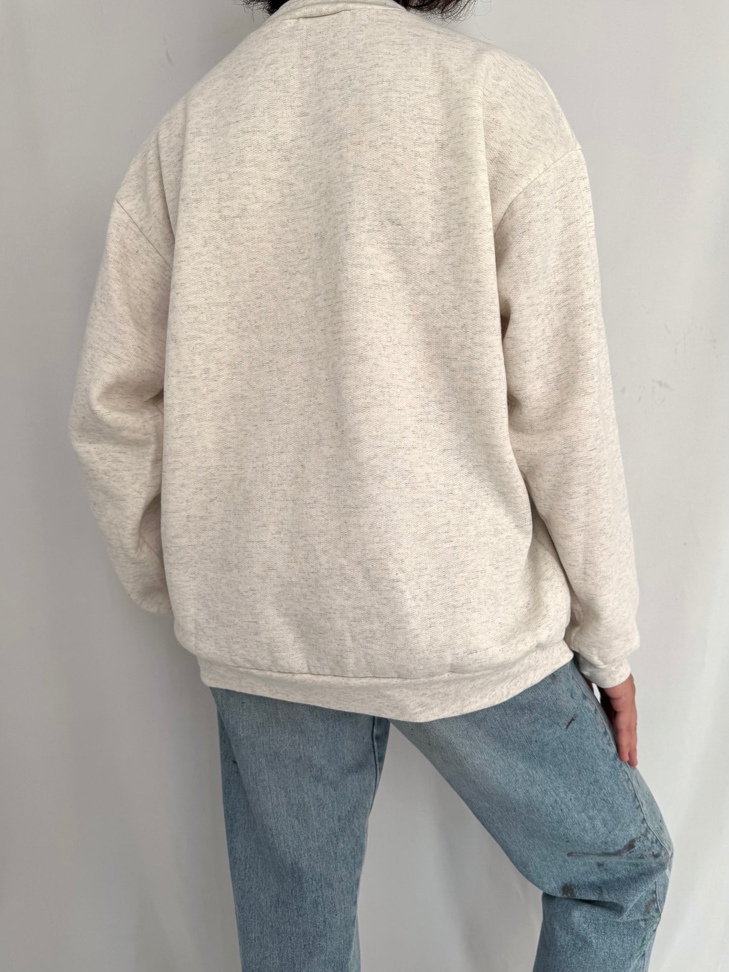 90s vintage grey outdoor nature scene owl bird graphic pullover sweatshirt – medium | cottage country cotton collared sweater
