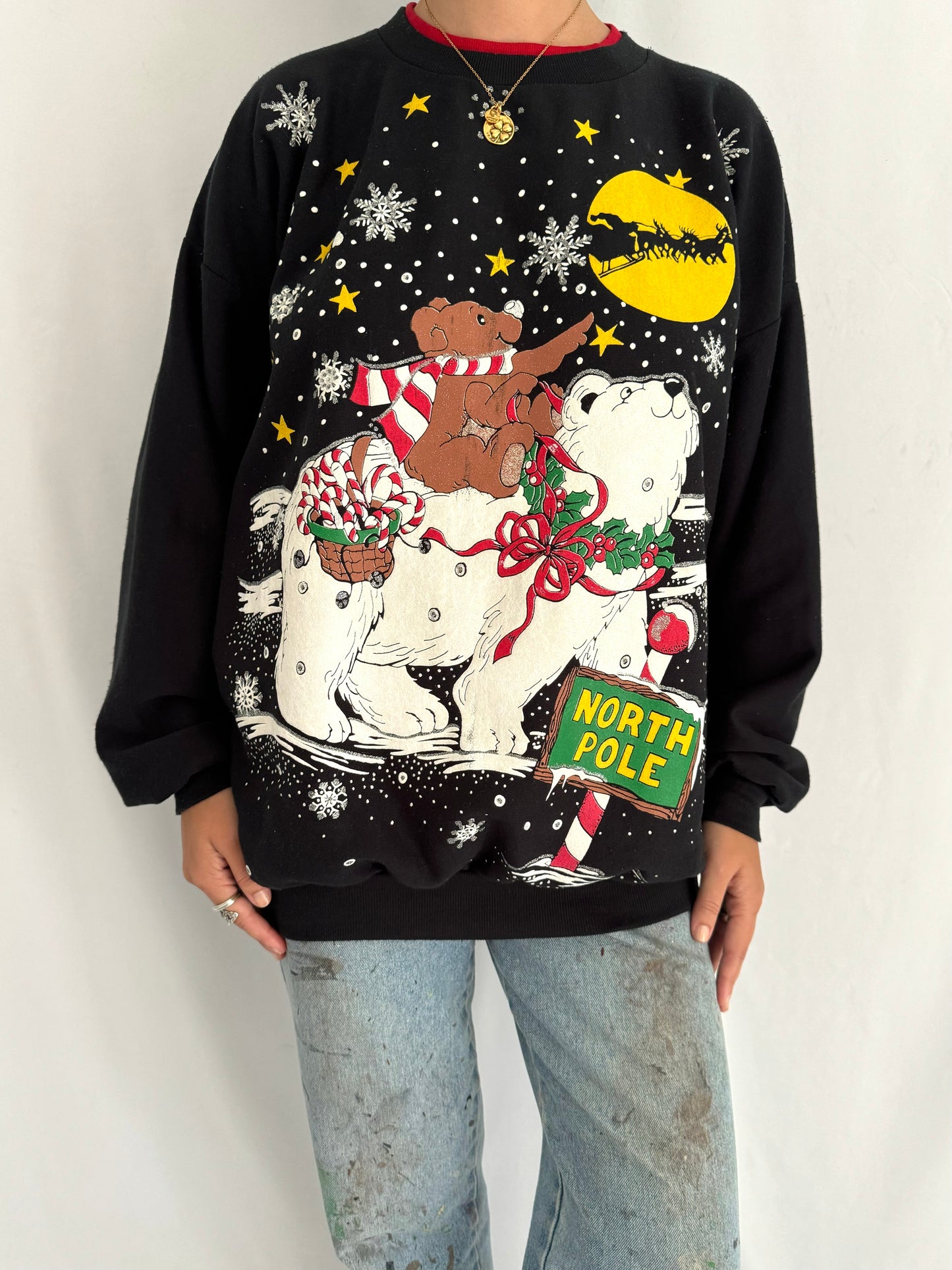 80s vintage black christmas scene teddy bear graphic pullover sweater