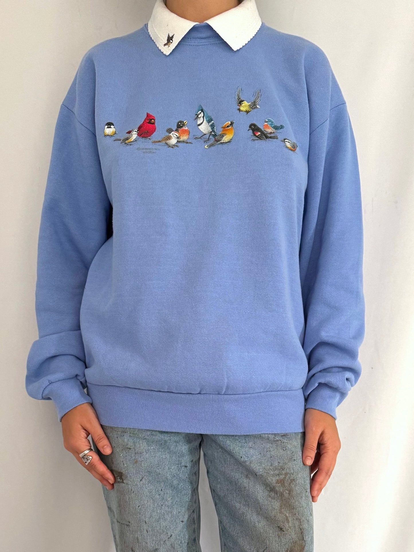 90s vintage purple blue outdoor nature bird graphic pullover sweatshirt – medium | cute animal grandma cotton collared sweater