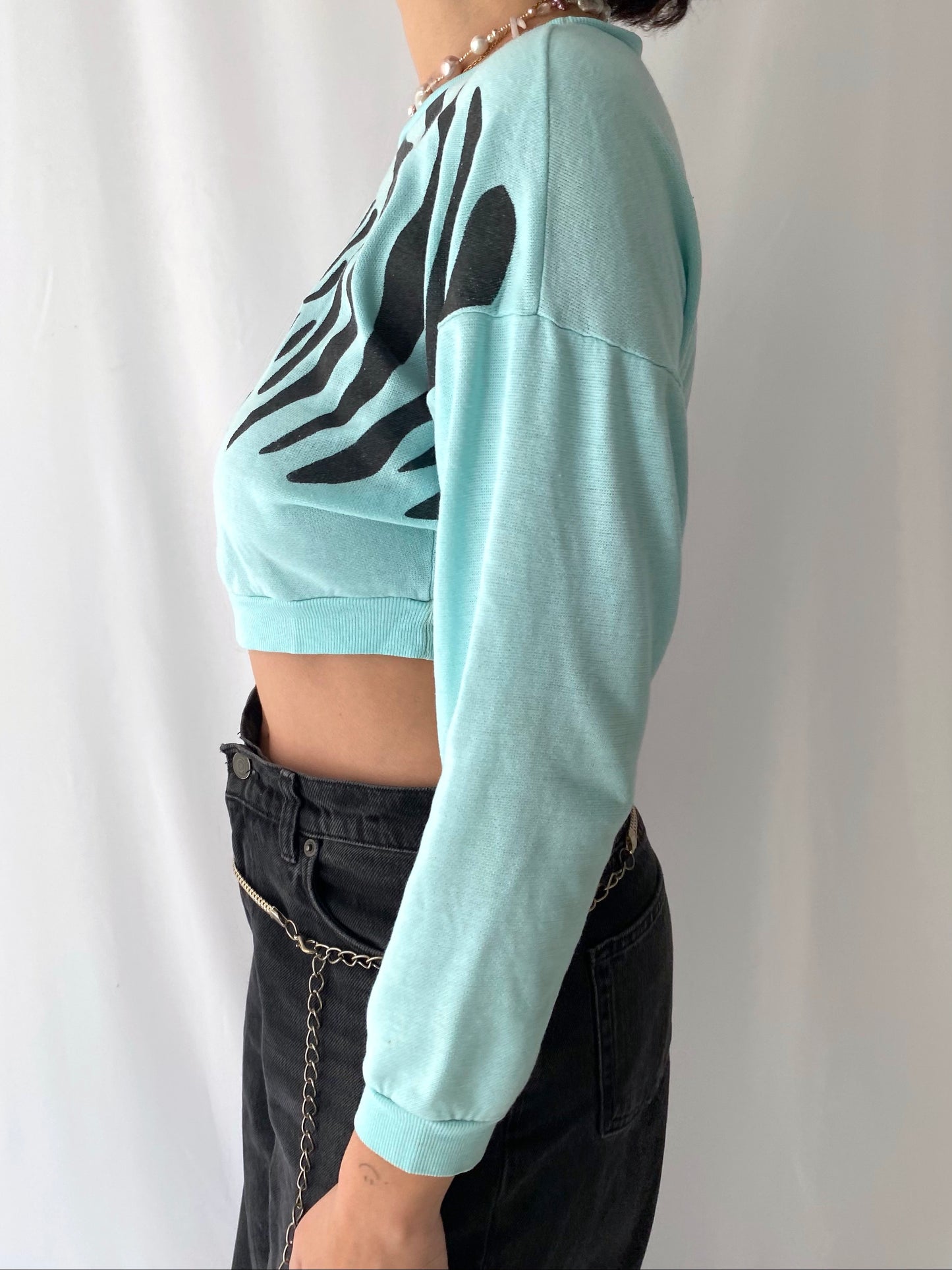 80s vintage light blue tiger face graphic cropped pullover sweater – small | novelty long sleeved jewel crop top