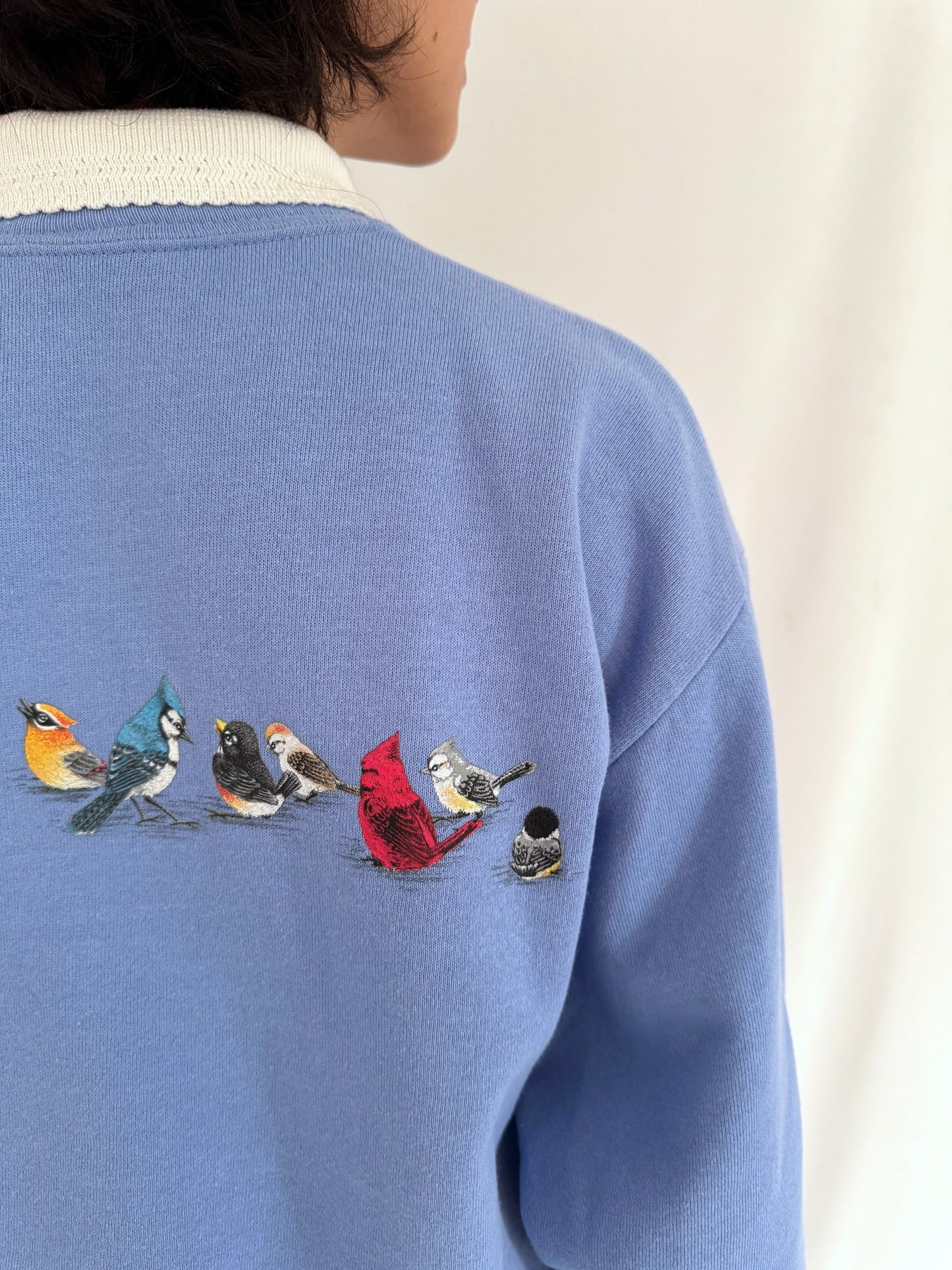 90s vintage purple blue outdoor nature bird graphic pullover sweatshirt – medium | cute animal grandma cotton collared sweater