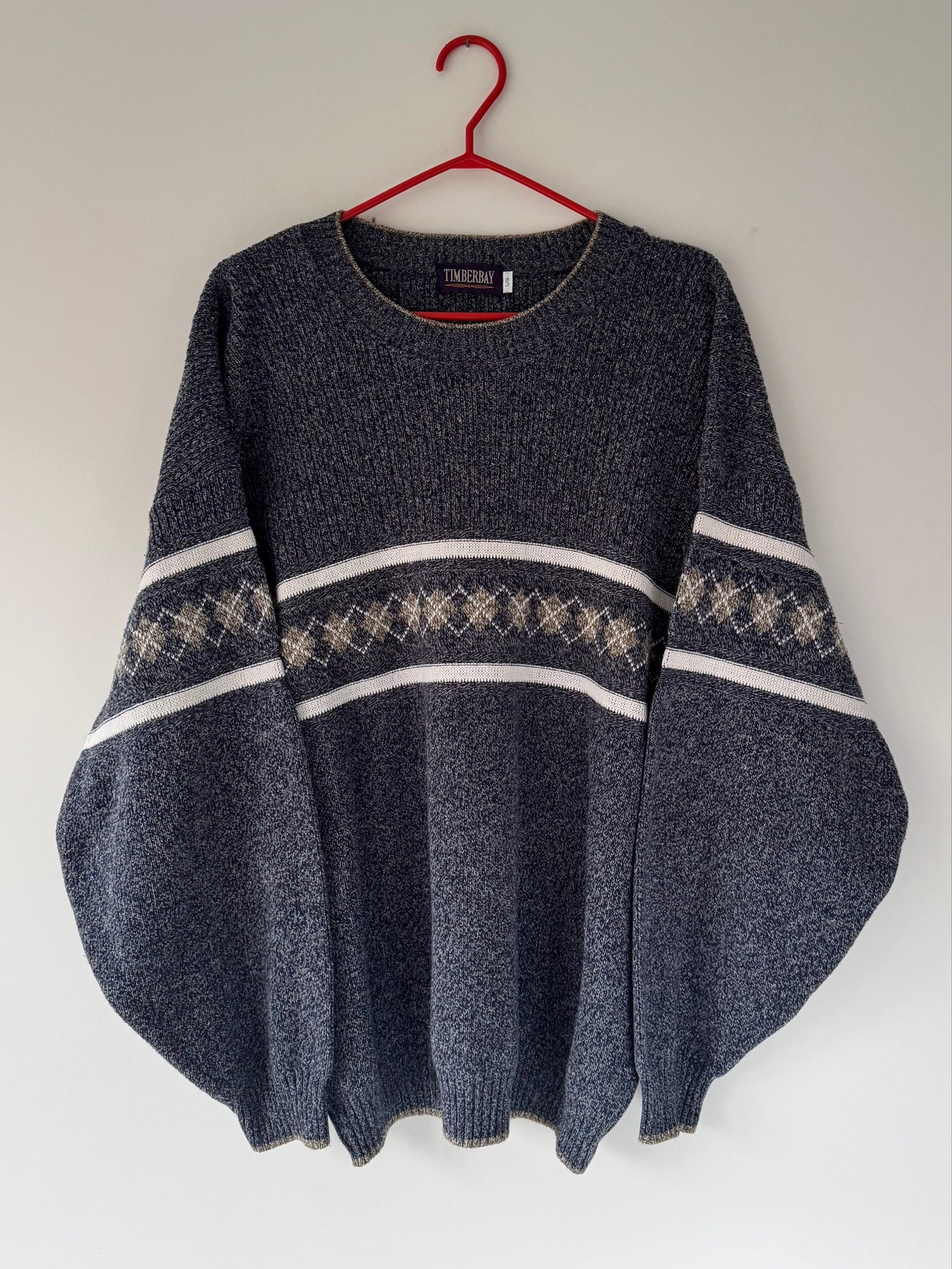90s vintage blue grey grandpa argyle print long sleeved knit sweater – mens large | unisex striped casual dad cozy slouchy crewneck jumper
