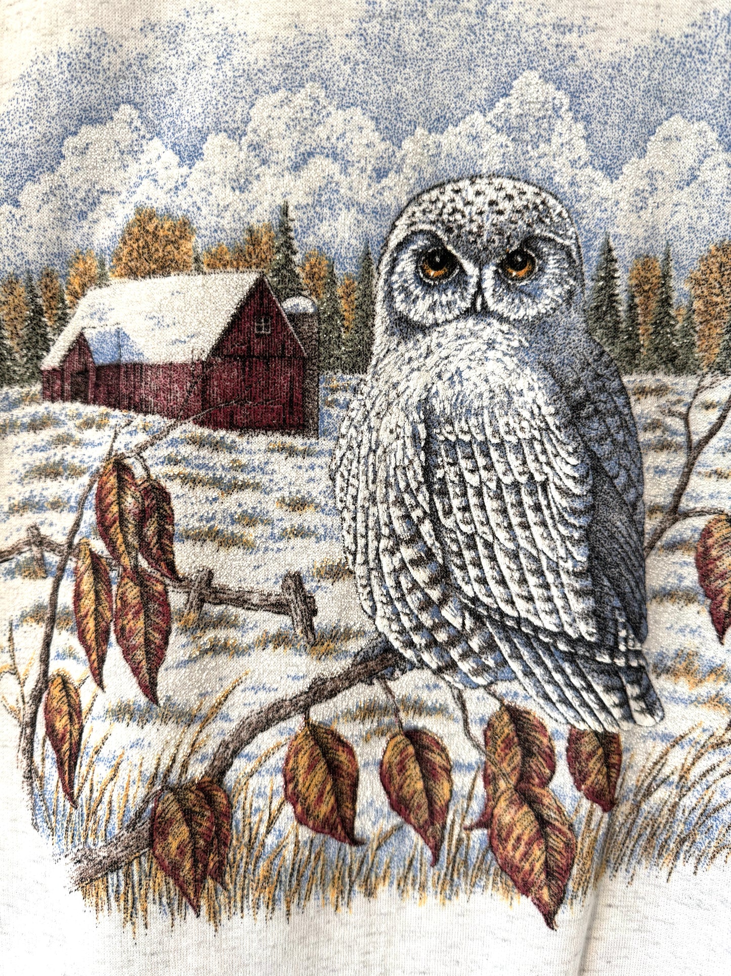 90s vintage grey outdoor nature scene owl bird graphic pullover sweatshirt – medium | cottage country cotton collared sweater