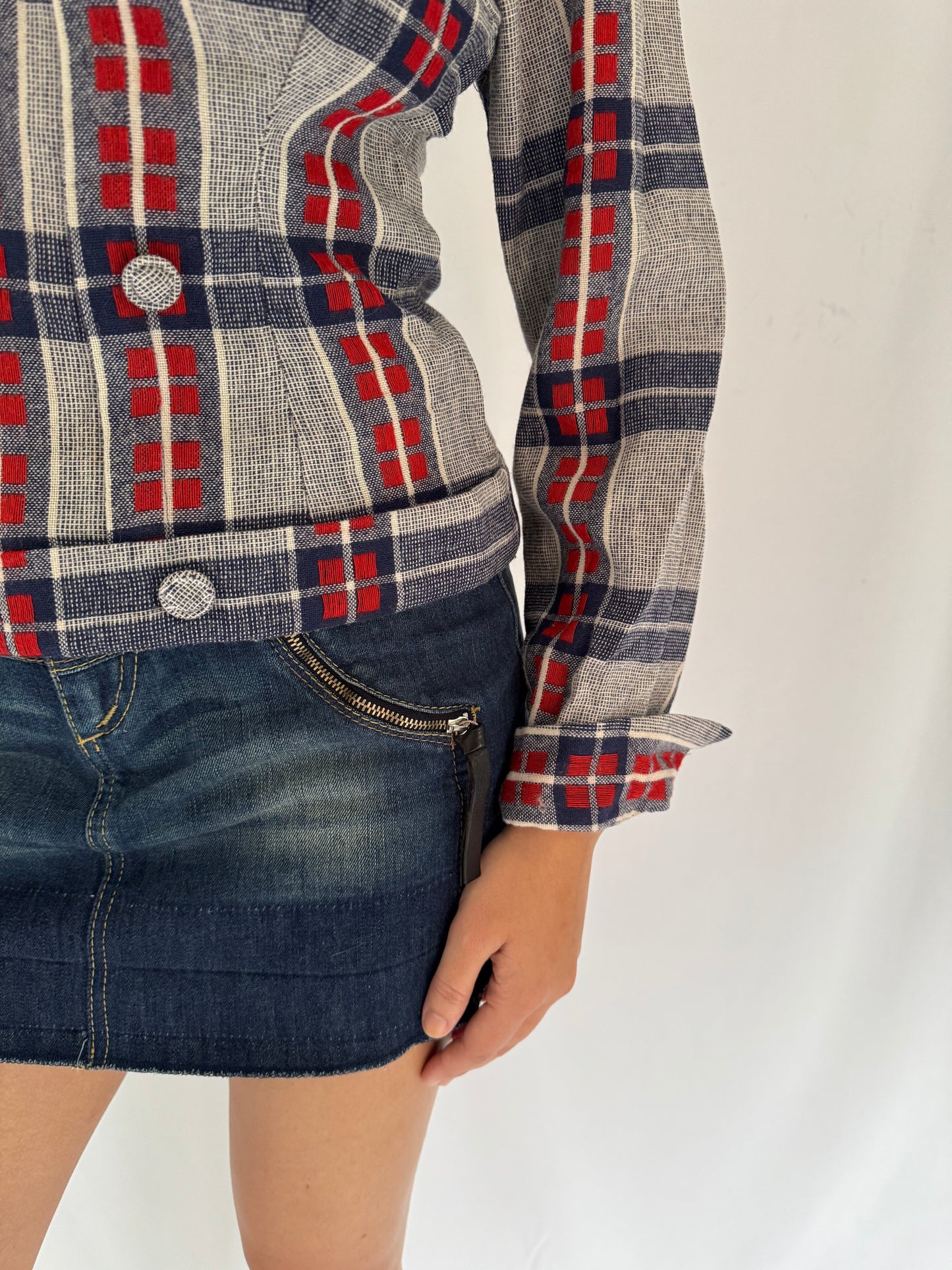 vintage handmade multicolor plaid blouse with angora trim collar – extra small | unique retro fitted mod twee folky top