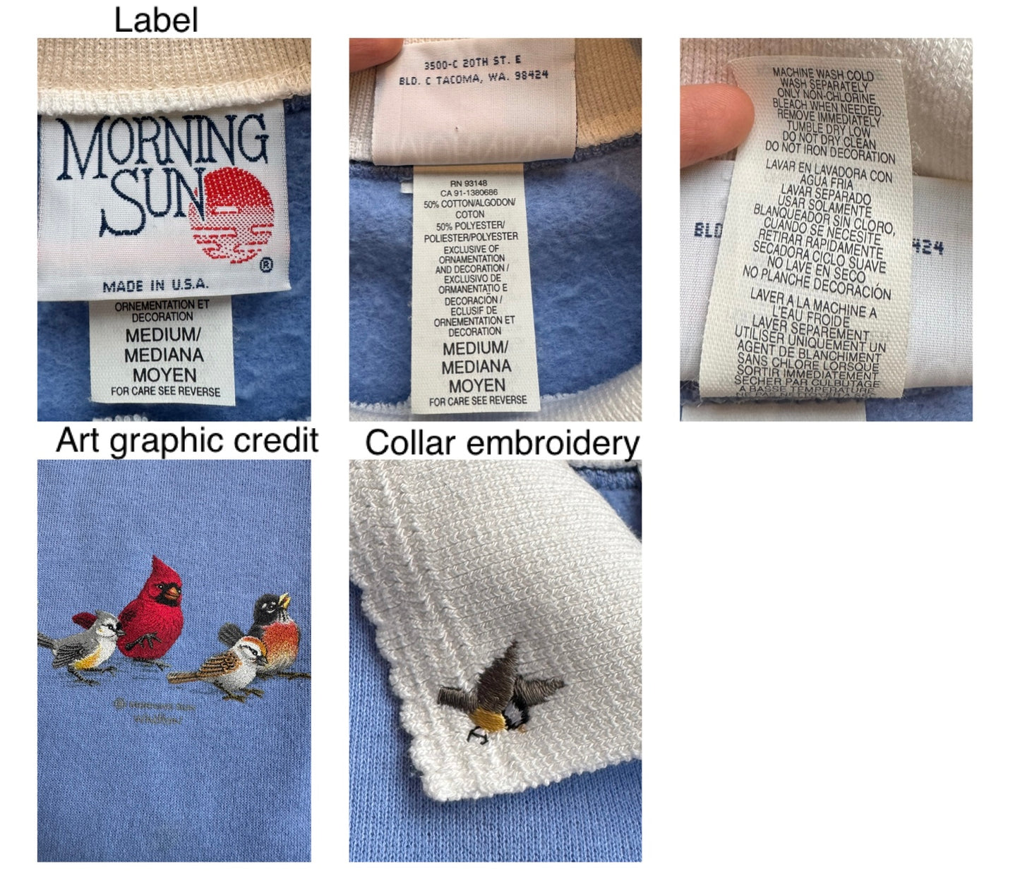 90s vintage purple blue outdoor nature bird graphic pullover sweatshirt – medium | cute animal grandma cotton collared sweater