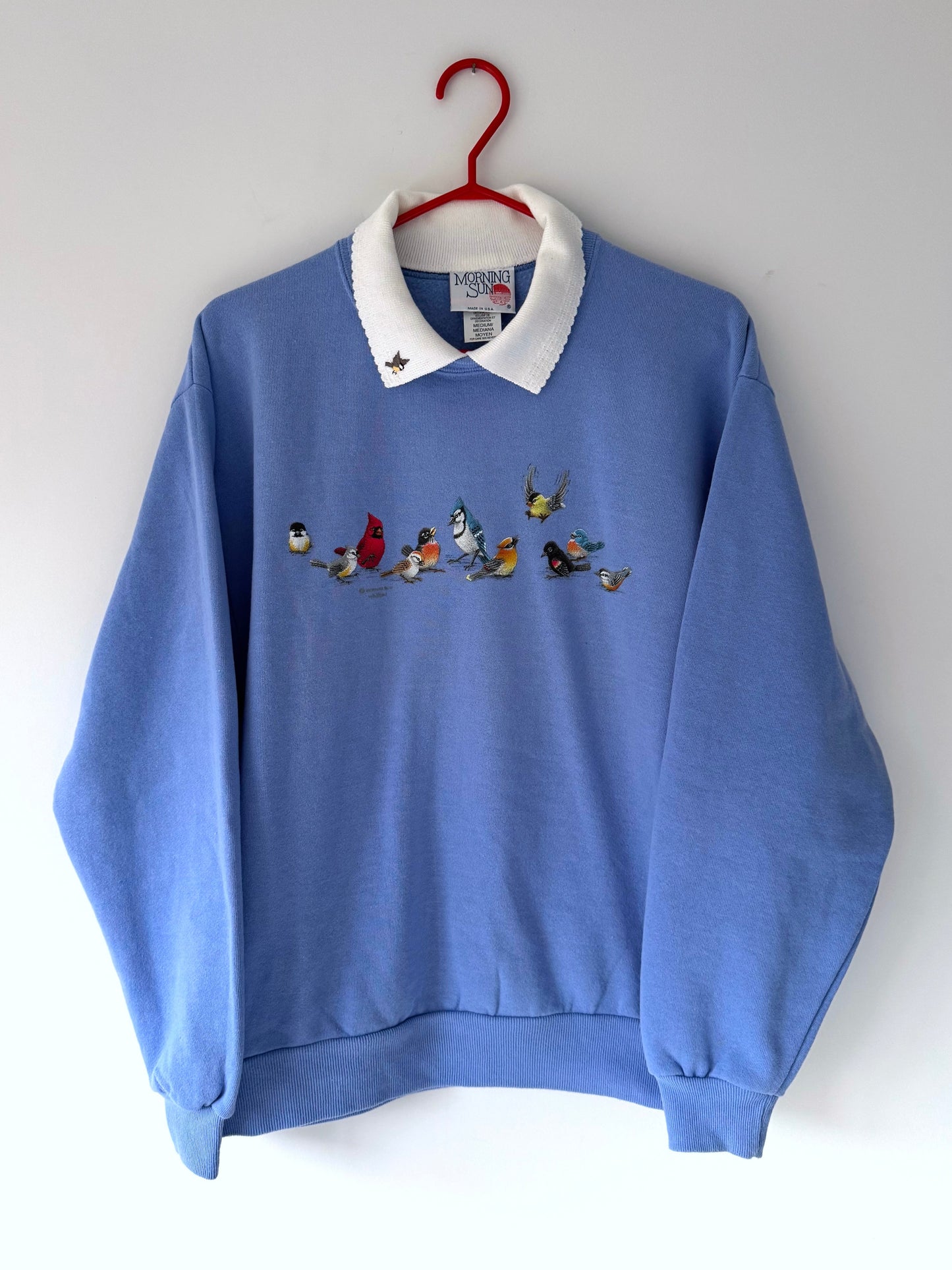 90s vintage purple blue outdoor nature bird graphic pullover sweatshirt – medium | cute animal grandma cotton collared sweater