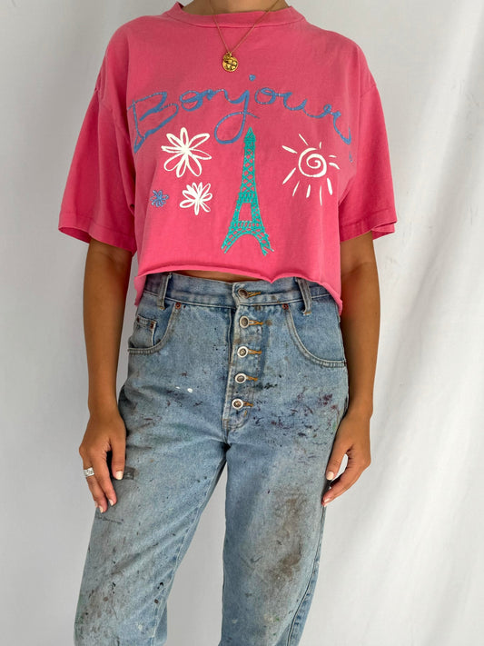 90s vintage pink bonjour paris graphic cropped tee shirt