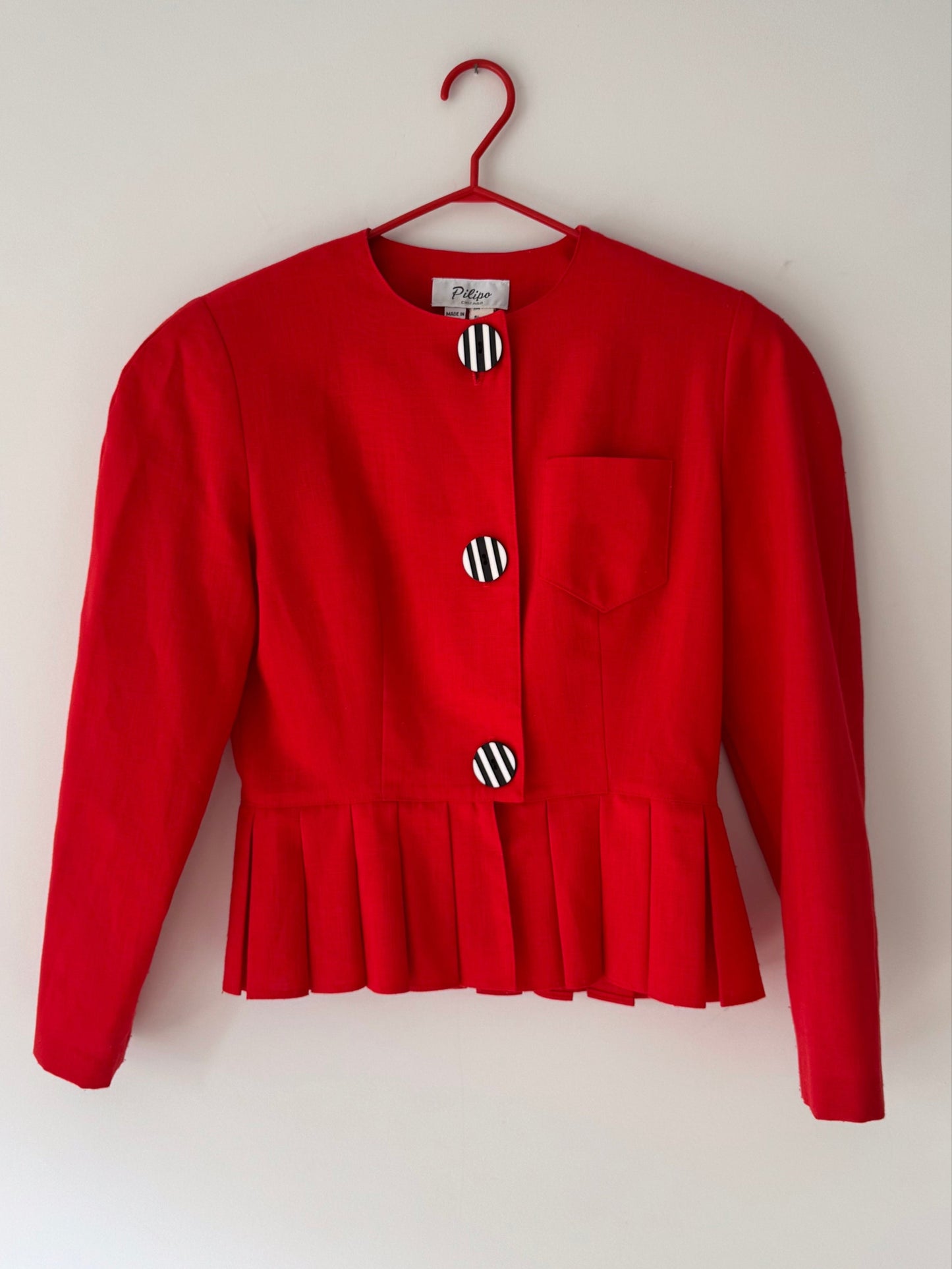 80s vintage red pleated cropped peplum button up blouse