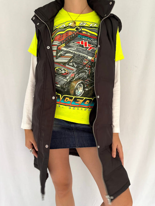 90s vintage yellow neon race car graphic tee shirt