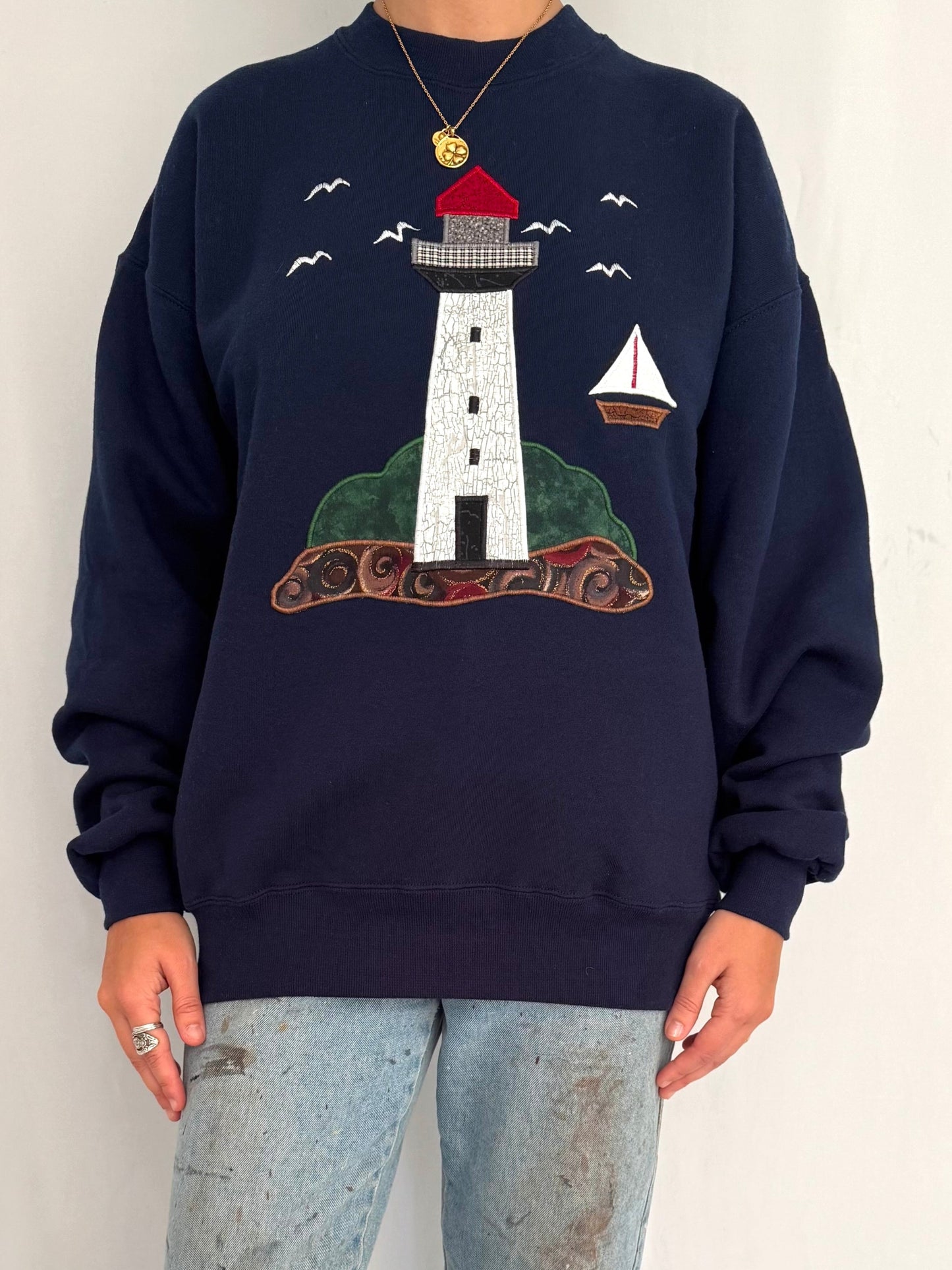 90s vintage navy blue lighthouse boat graphic pullover sweatshirt - large | coastal cottage nature travel souvenir cotton crewneck sweater