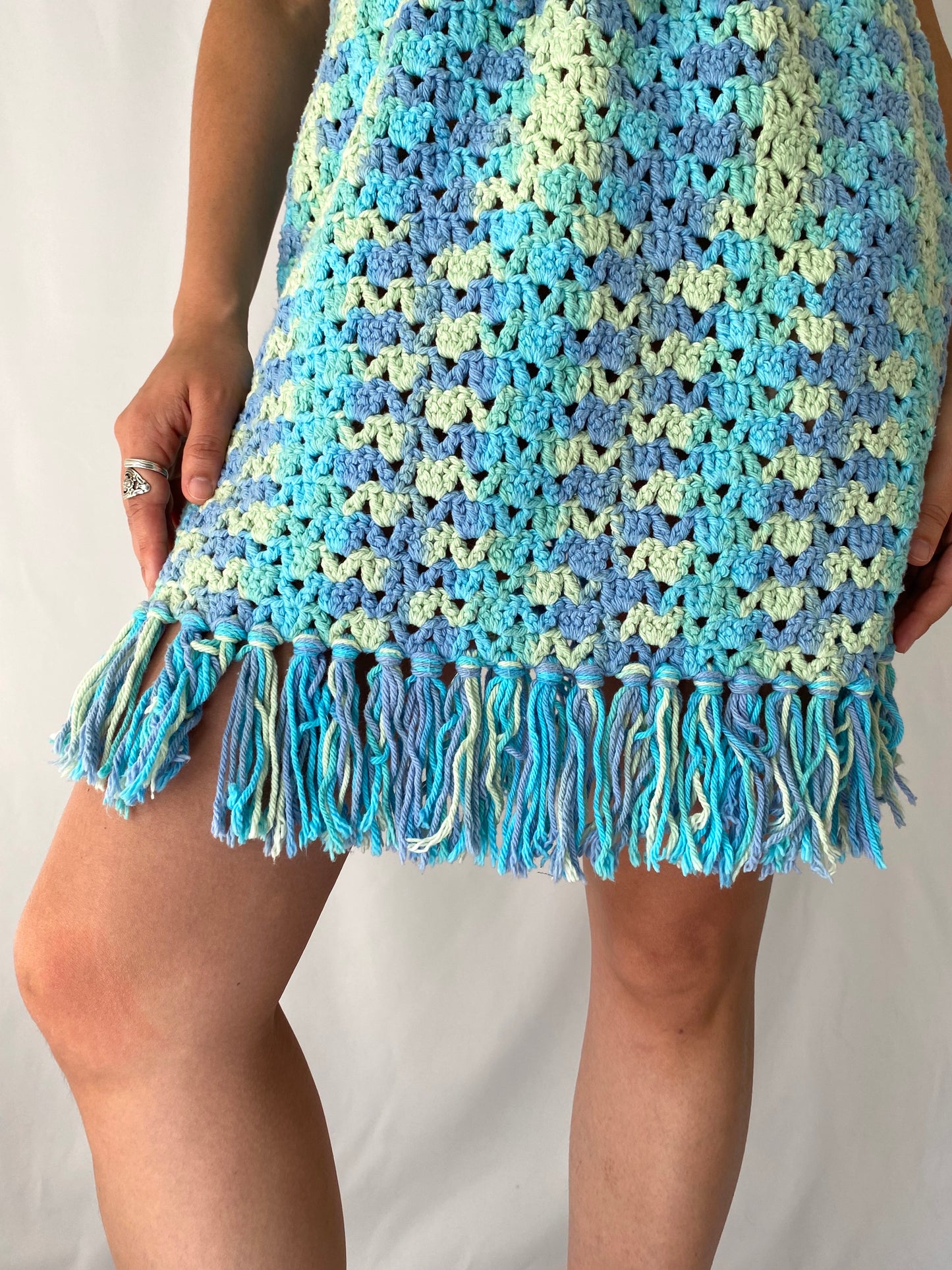 70s vintage handmade blue yellow crochet midi dress
