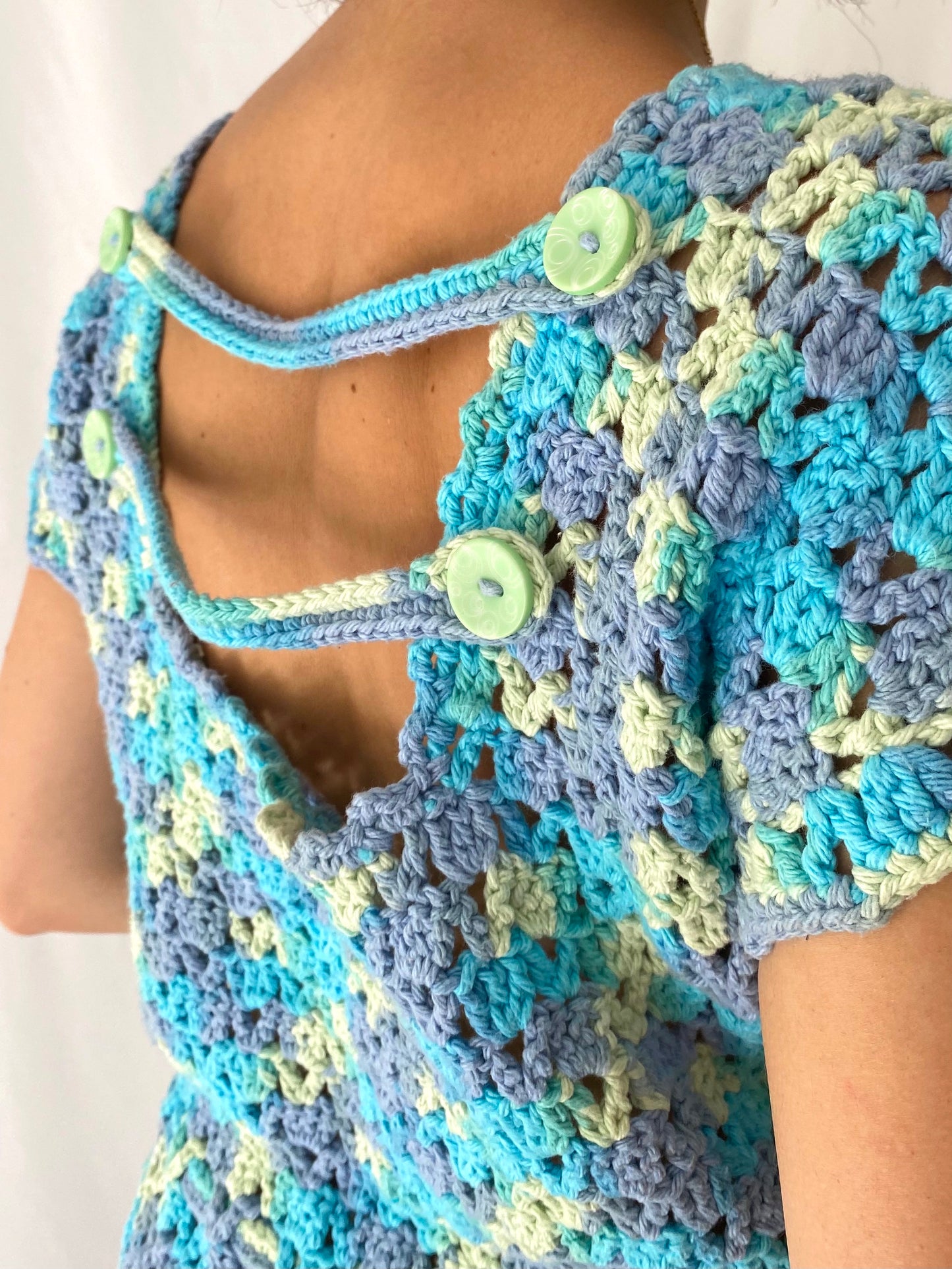 70s vintage handmade blue yellow crochet midi dress