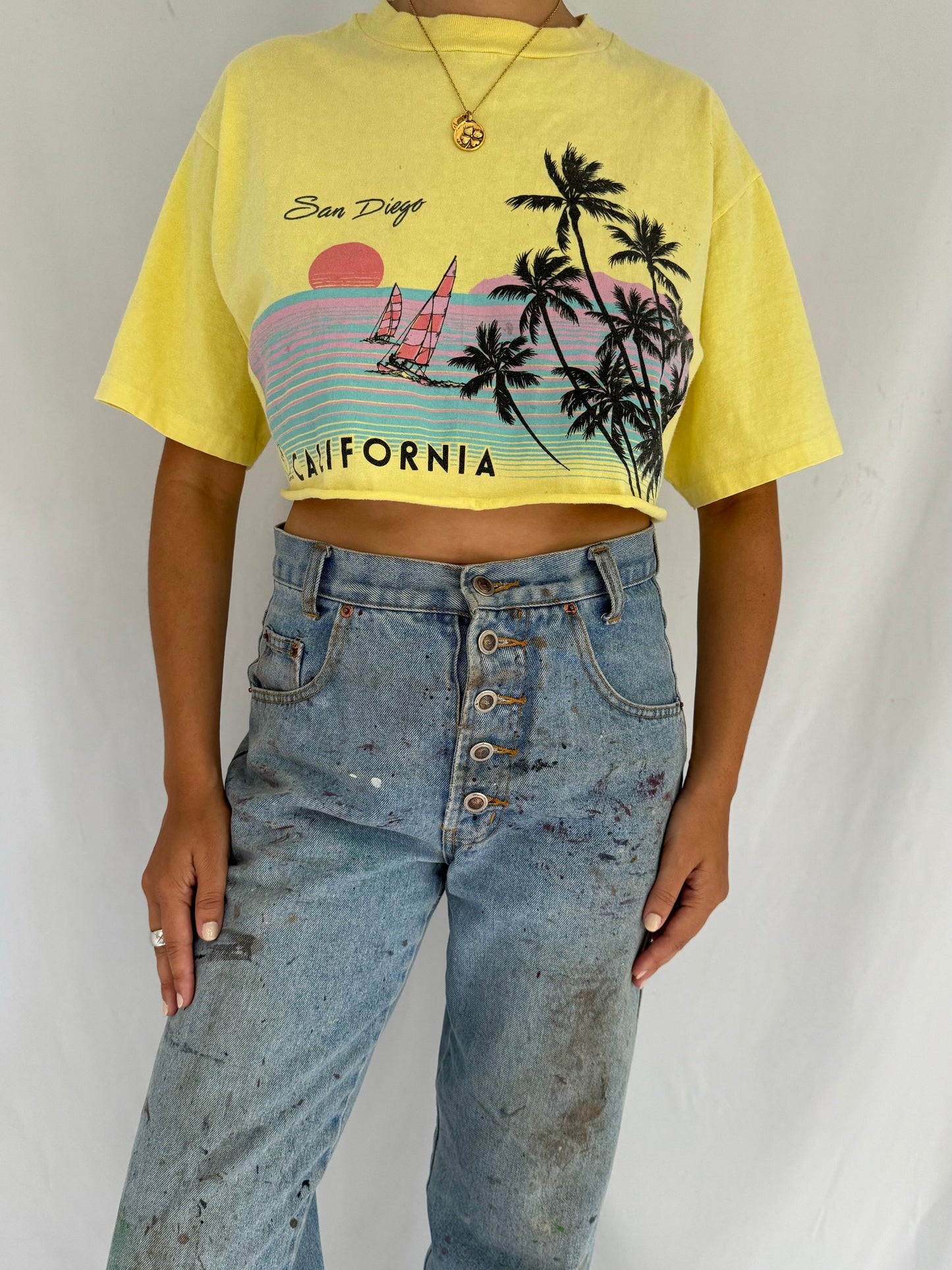 80s vintage san diego california beach graphic cropped tee shirt – medium | retro souvenir palm trees short sleeved crop top