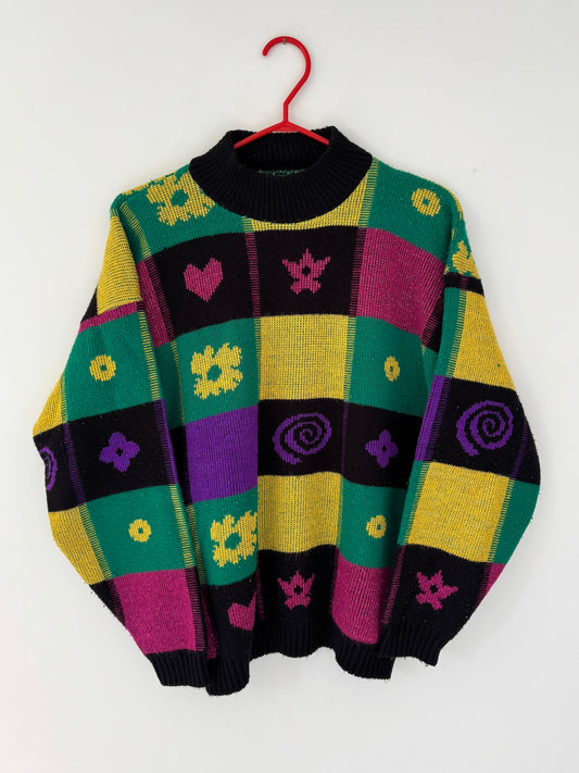 80s vintage multicolor funky abstract print knit sweater