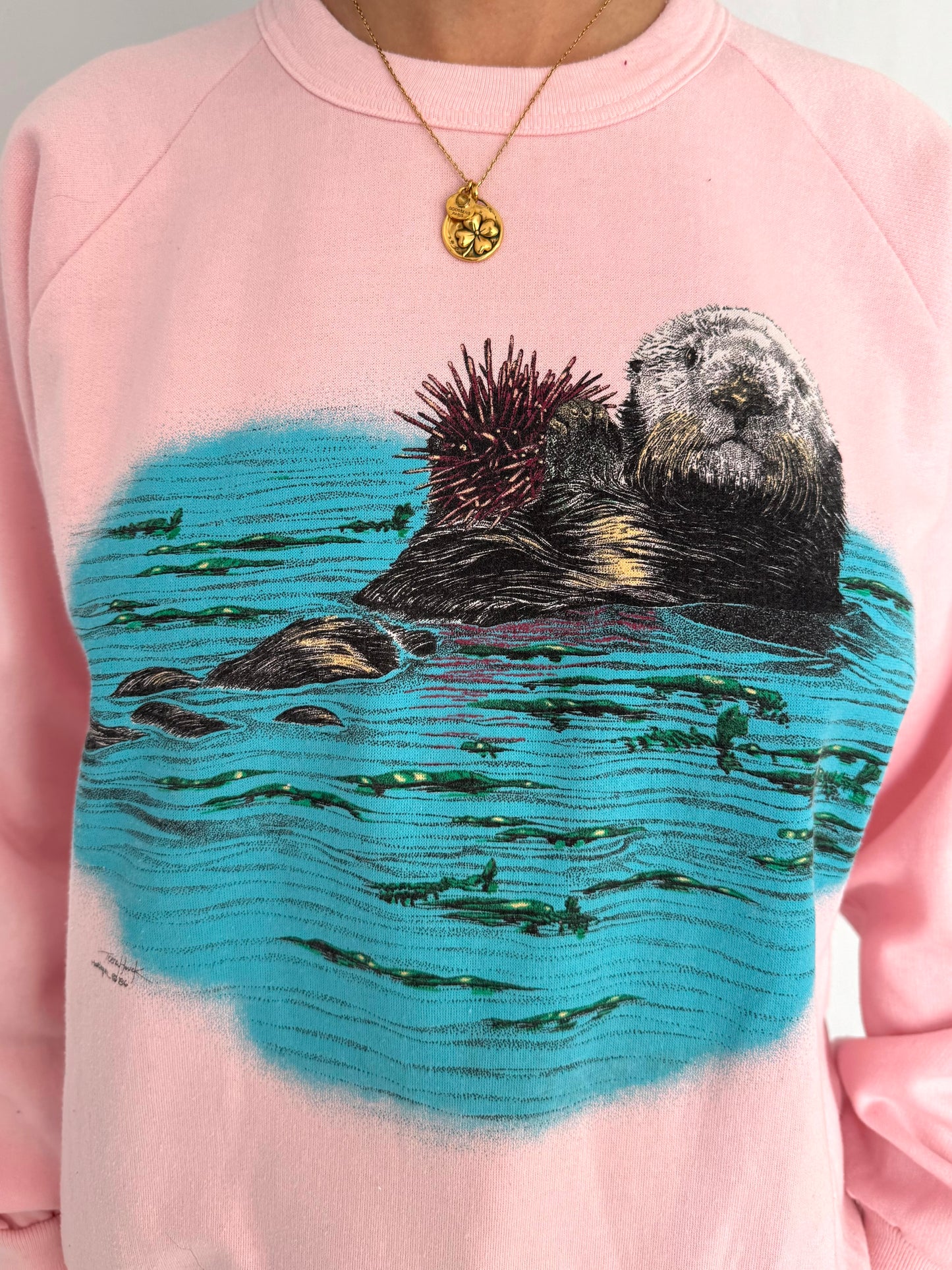 90s vintage pink sea otter animal nature graphic pullover sweatshirt – medium, large | cute pastel ocean wildlife souvenir crewneck sweater