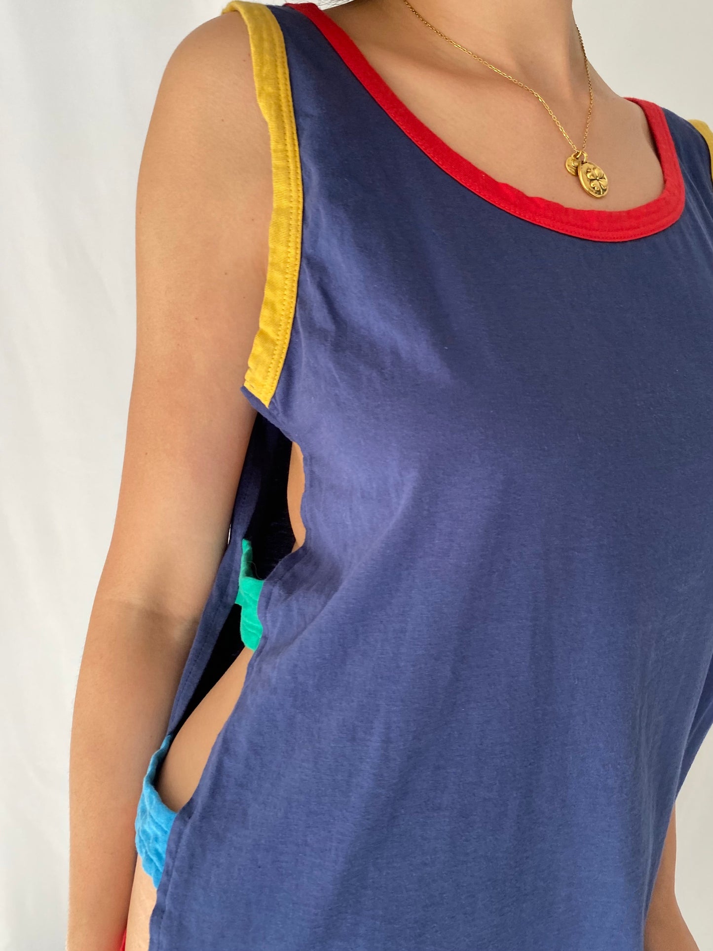 90s vintage navy multicolor cut out midi dress – medium, large | rainbow color block retro coverup