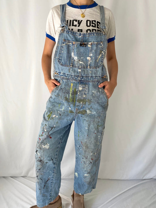 90s vintage distressed paint splatter blue denim overalls
