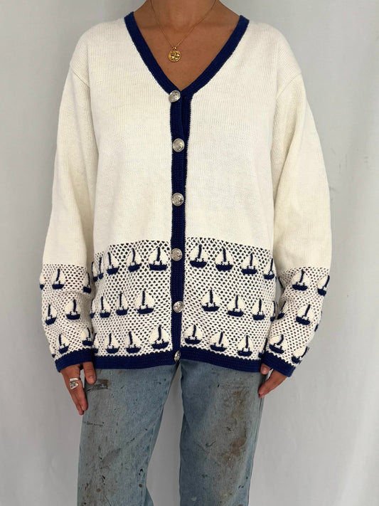 90s vintage cream navy novelty sailboat print embroidered knit cardigan