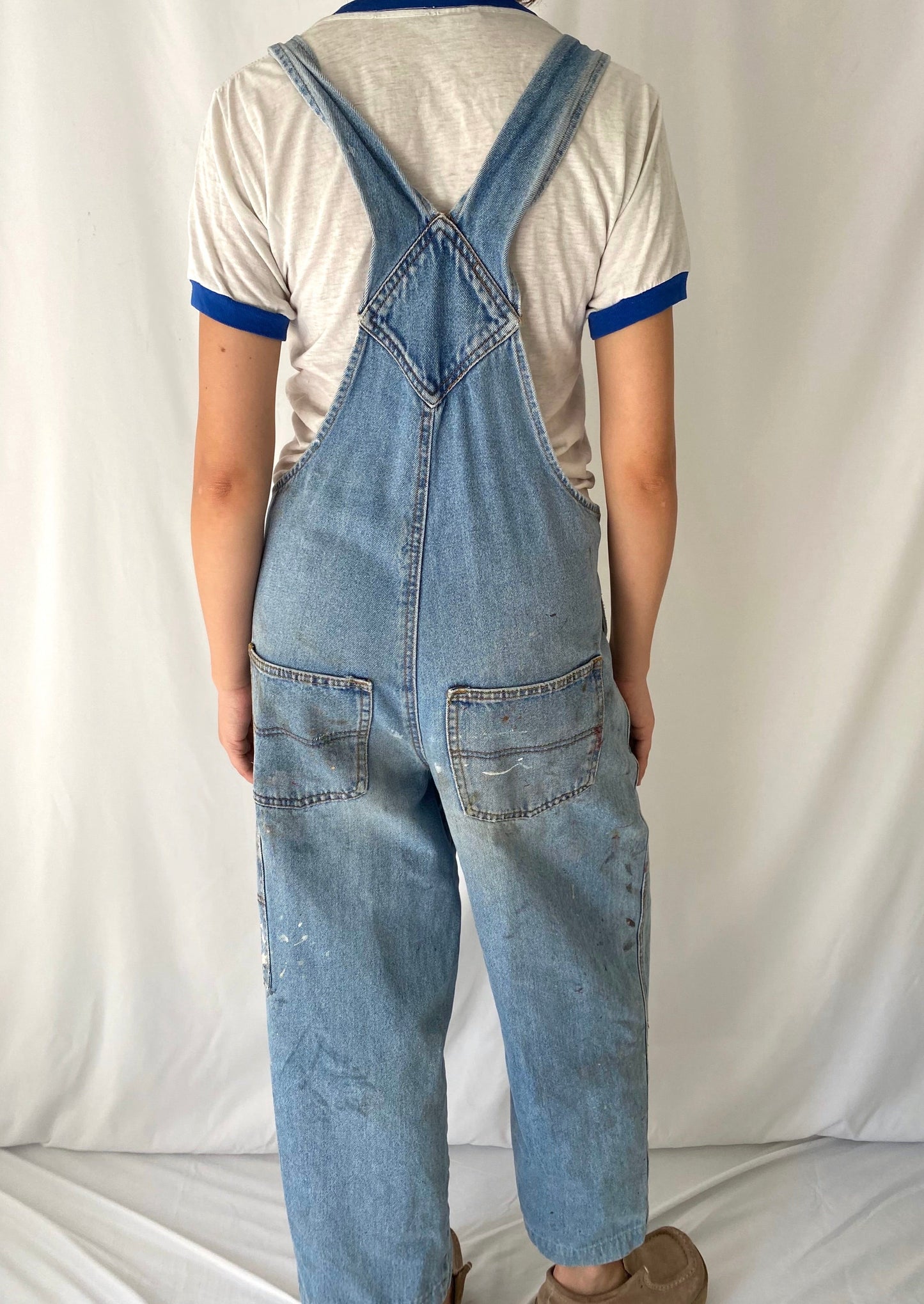 90s vintage distressed paint splatter blue denim overalls – small, medium | unisex carpenter dungarees