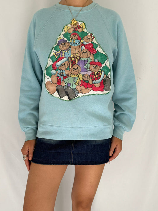 90s vintage blue colorful teddy bear christmas tree pullover sweater