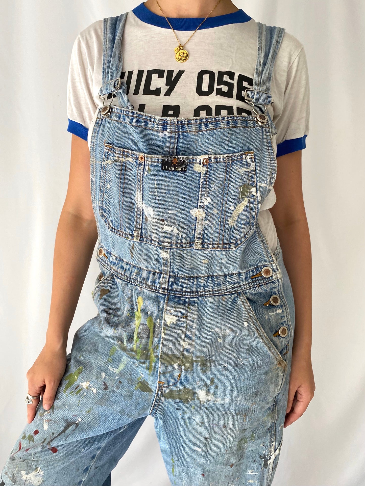 90s vintage distressed paint splatter blue denim overalls – small, medium | unisex carpenter dungarees