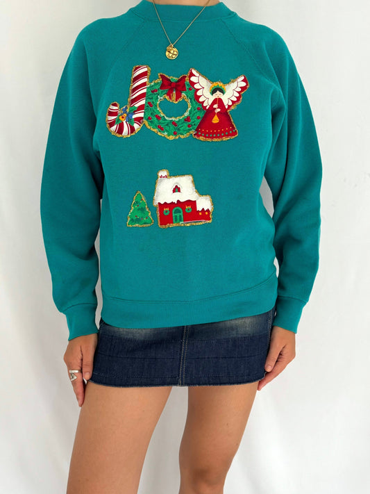90s vintage turquoise holiday JOY pullover sweater