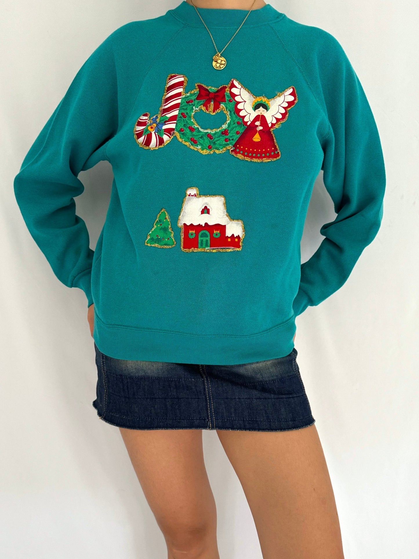 90s vintage turquoise holiday JOY pullover sweater