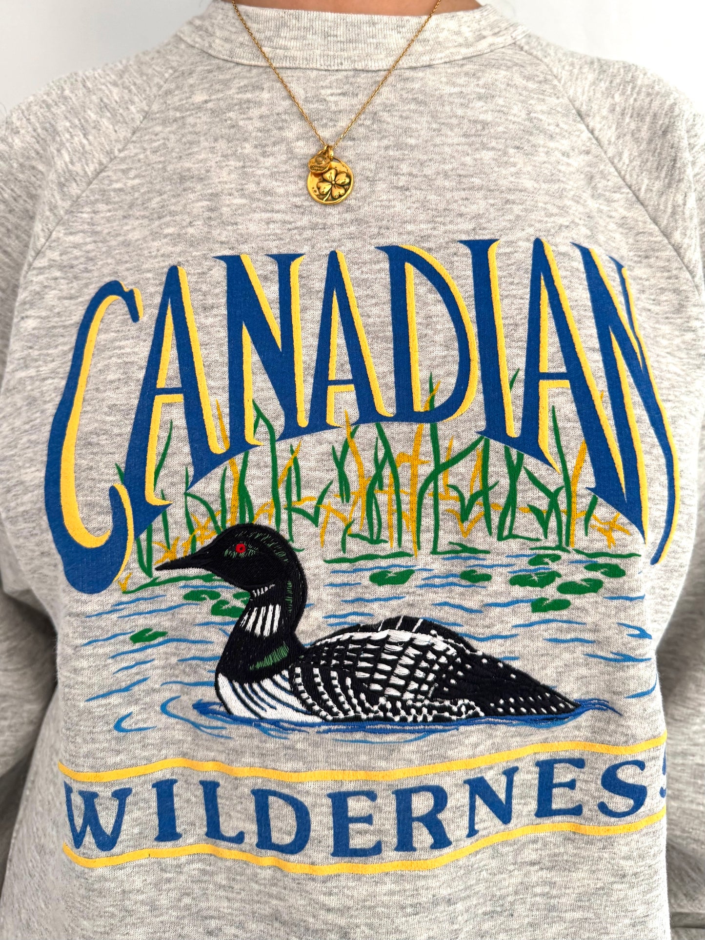 90s vintage grey Canadian Wilderness outdoor nature graphic pullover sweater